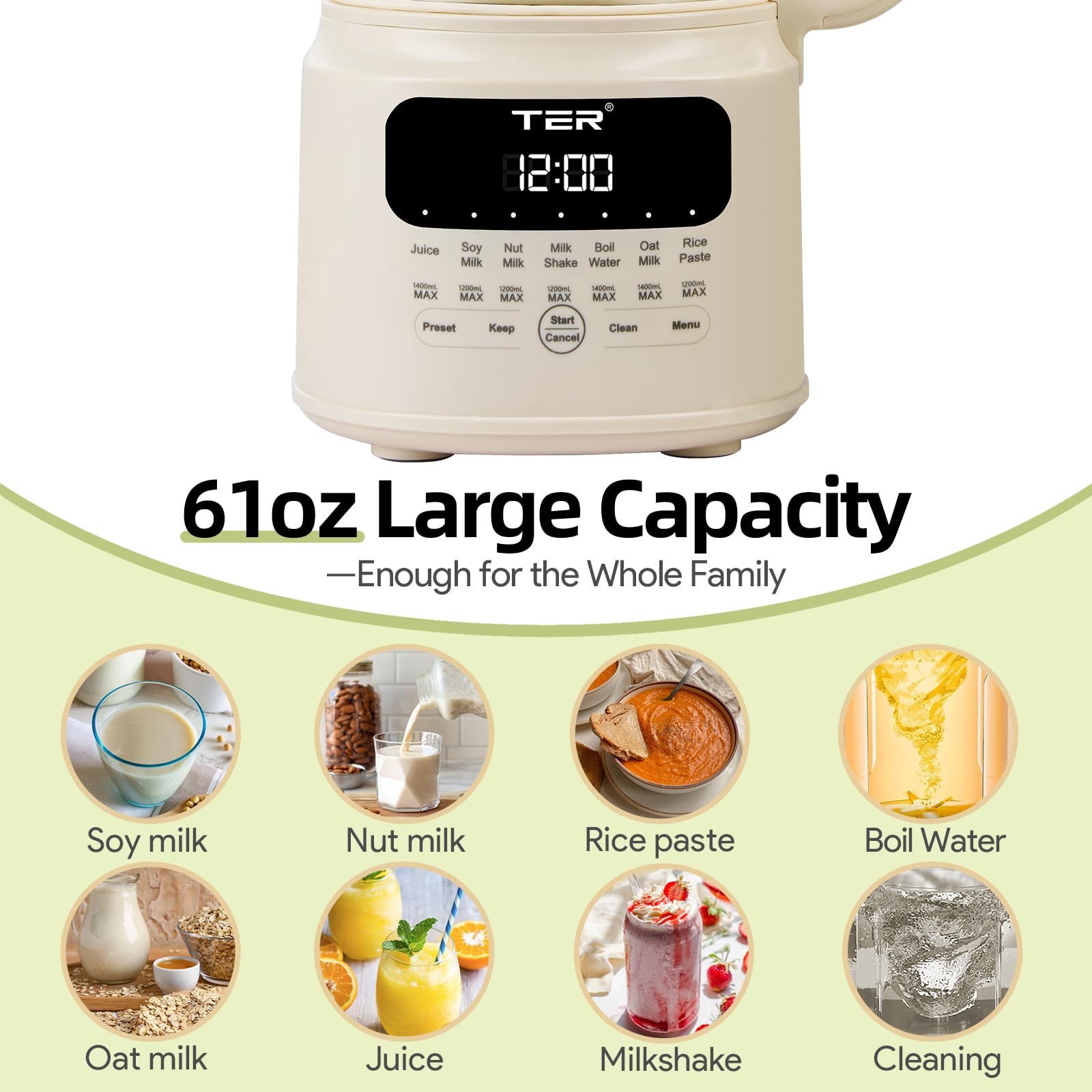 61oz Nut Milk Maker Machine, TER 10-in-1 Soy Milk Maker for Almond/Oat/Soy Milk, Juice, Milkshake, Rice Paste, Auto Clean/24H Preset Time/12H Keep Warm, with 7 Accessories, Beige