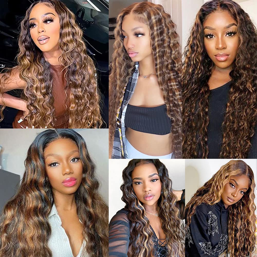 P4/27 Highlight Deep Wave Bundles Brown and Honey Blonde Human Hair 3 Bundles Brazilian 100% Unprocessed Virgin Extensions Double Weft Bundle Piano Color 22 24 26 Inch
