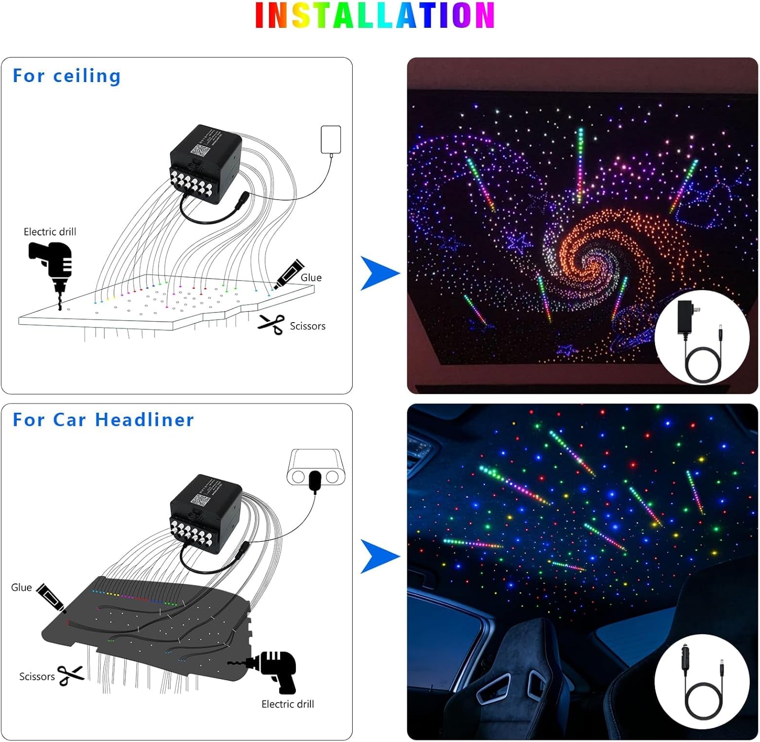 4Port 36W Twinkle Starlight Headliner Kit with RGBW Meteor 2000pcs 0.03in 13.1ft Fiber Optic Light 4Colors Sound Activated Remote APP Control Home Indoor Ceiling Car Headliner Decoration