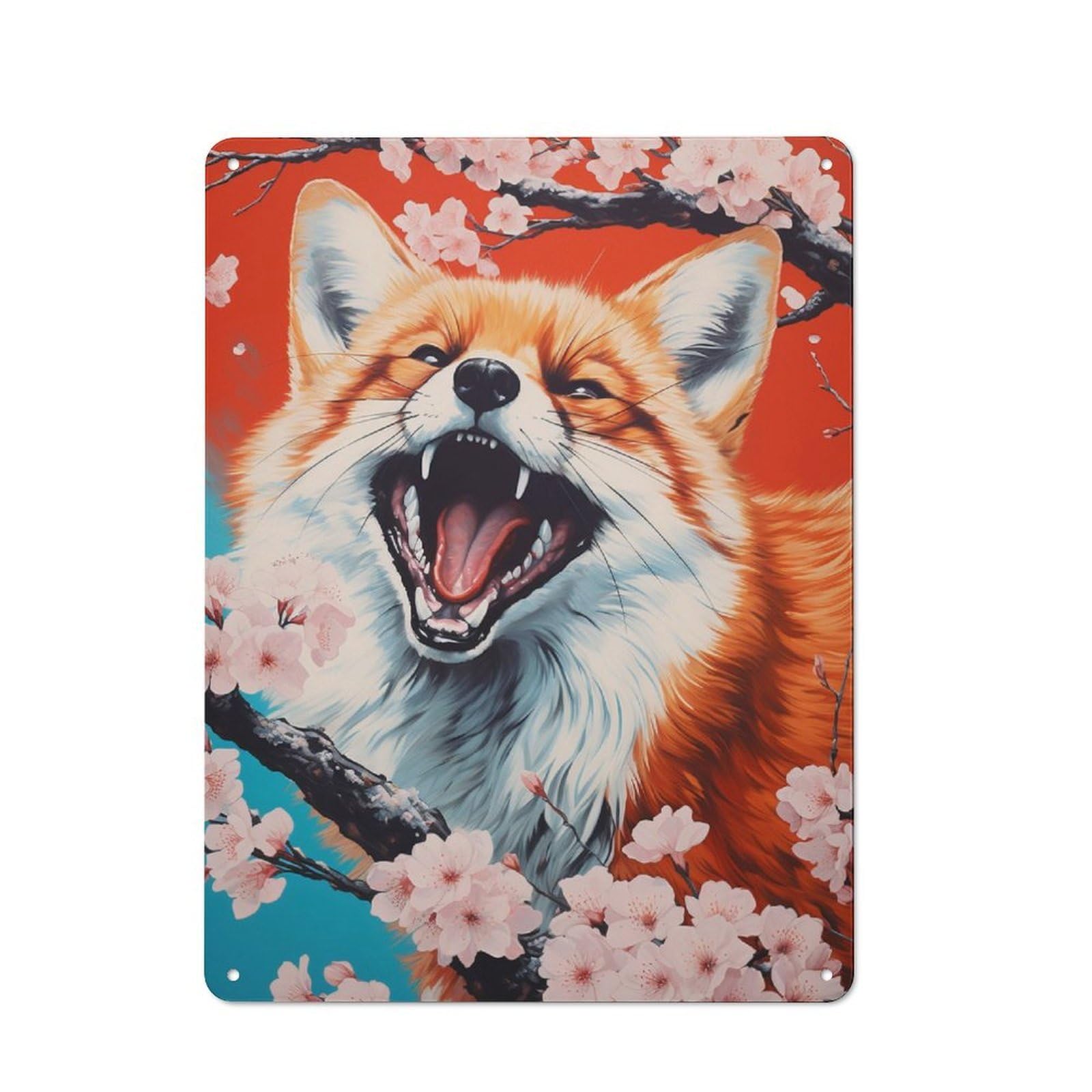 Junmoney Fox With Cherry Blossoms Metal Plaque 40X30cm With For Garage Wall, Rustic Decor, For Winter Interiors And Metal Sign Collectors