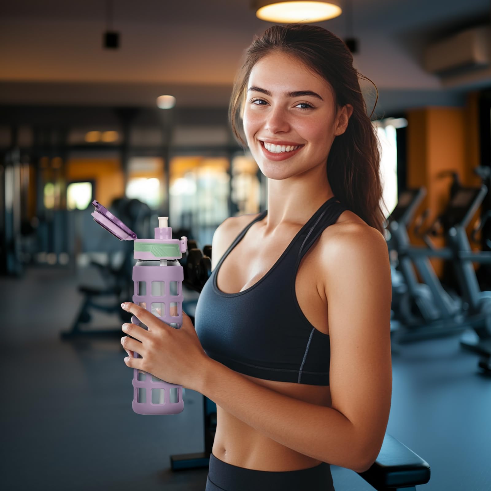 Szklana butelka na wodę, 1 l, 660 ml, z uchwytem, klapka, szczelna, bez BPA, zrównoważone szkło borokrzemowe, z silikonowym rękawem, sportowa szklana butelka na napoje, fioletowa