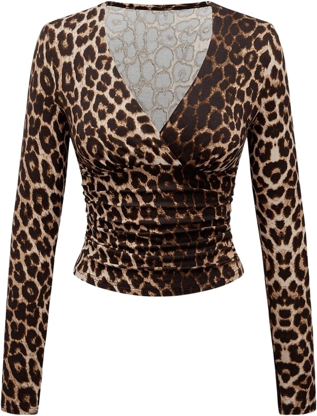 WDIRARA Women's Leopard Print Deep V Neck Shirt Long Sleeve Wrap Ruched Blouse Tops