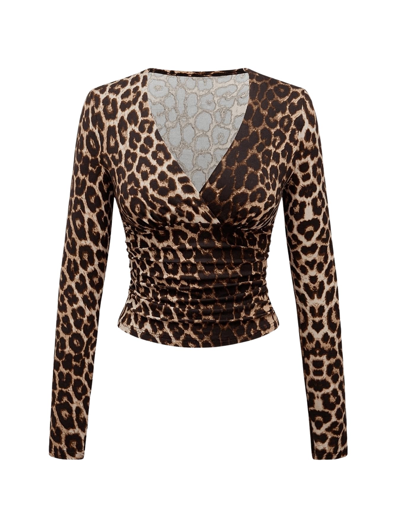Women's Leopard Print Deep V Neck Shirt Long Sleeve Wrap Ruched Blouse Tops