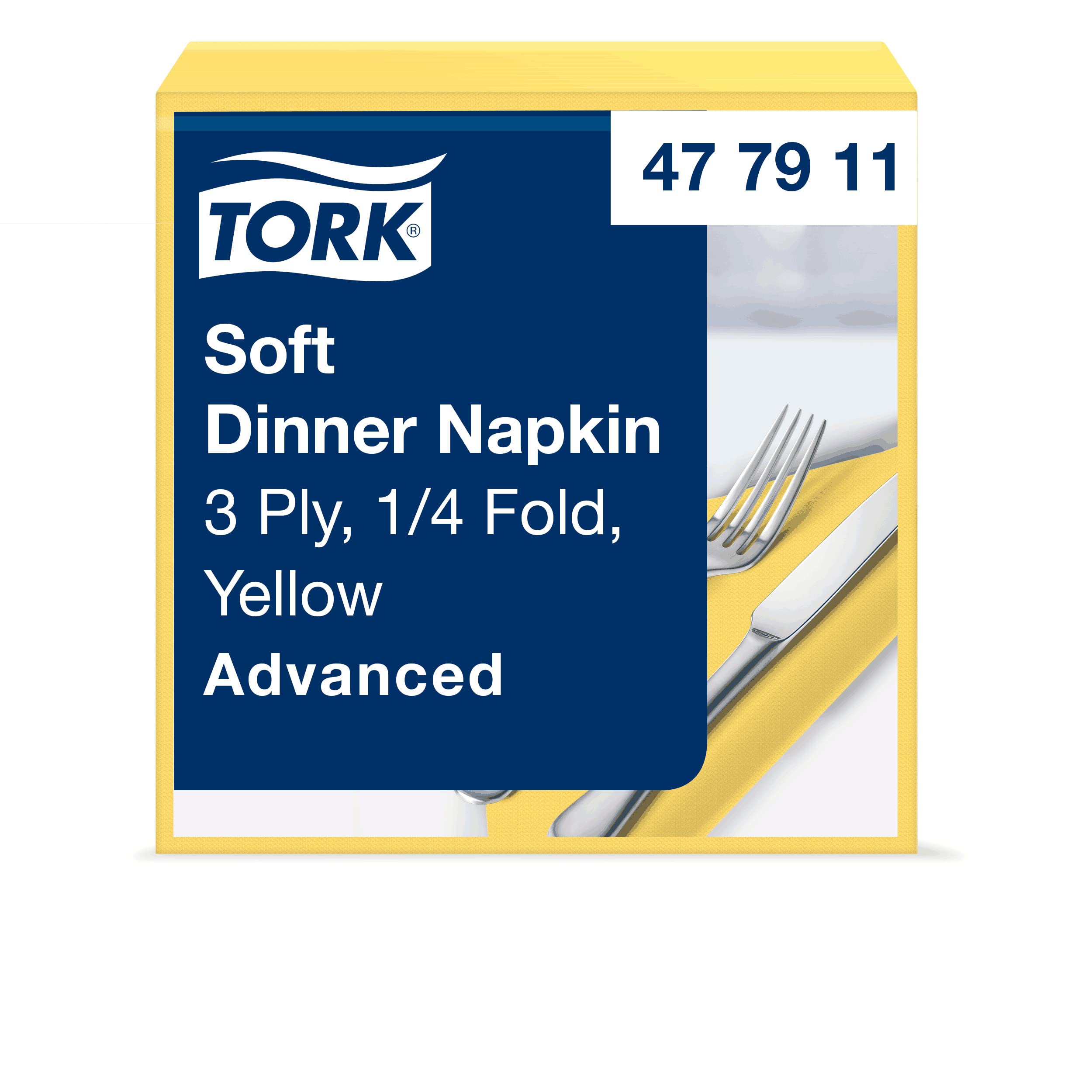 Tork 477911 miękkie serwetki obiadowe żółte/serwetki papierowe 3-warstwowe/idealna jakość i rozmiar na kolację/zaawansowana jakość / 12 x 100 (1200) serwetki / 39 x 39 cm (szer. x dł.)