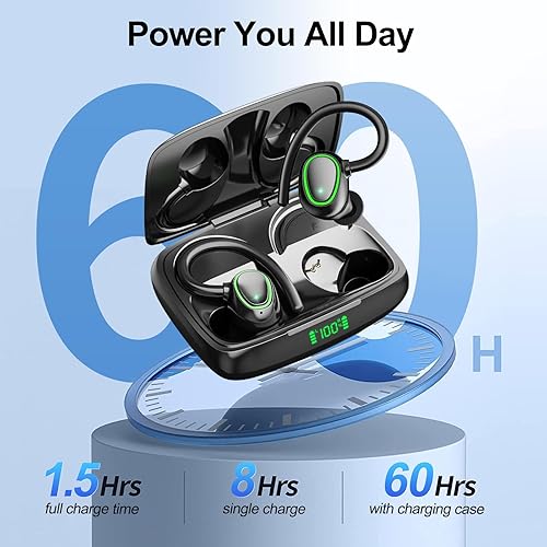 Miniatura 3 de Auriculares inalámbricos Bluetooth de reproducción de 60 horas IPX6, impermeables, estéreo, graves sobre la oreja, con ganchos para los oídos,