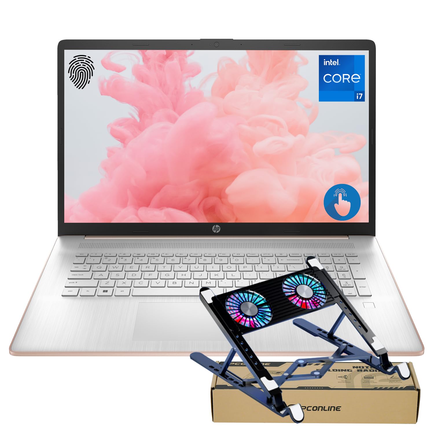 HP Premium 17.3" Laptop, 17.3" HD+ Touchscreen, Intel Core i7-1355U, 64GB RAM, 1TB SSD, Webcam, HDMI, Backlit KB, FP Reader, Wi-Fi 6, Win 11 H, Pale Rose Gold, PCO Laptop Cooler Bundle