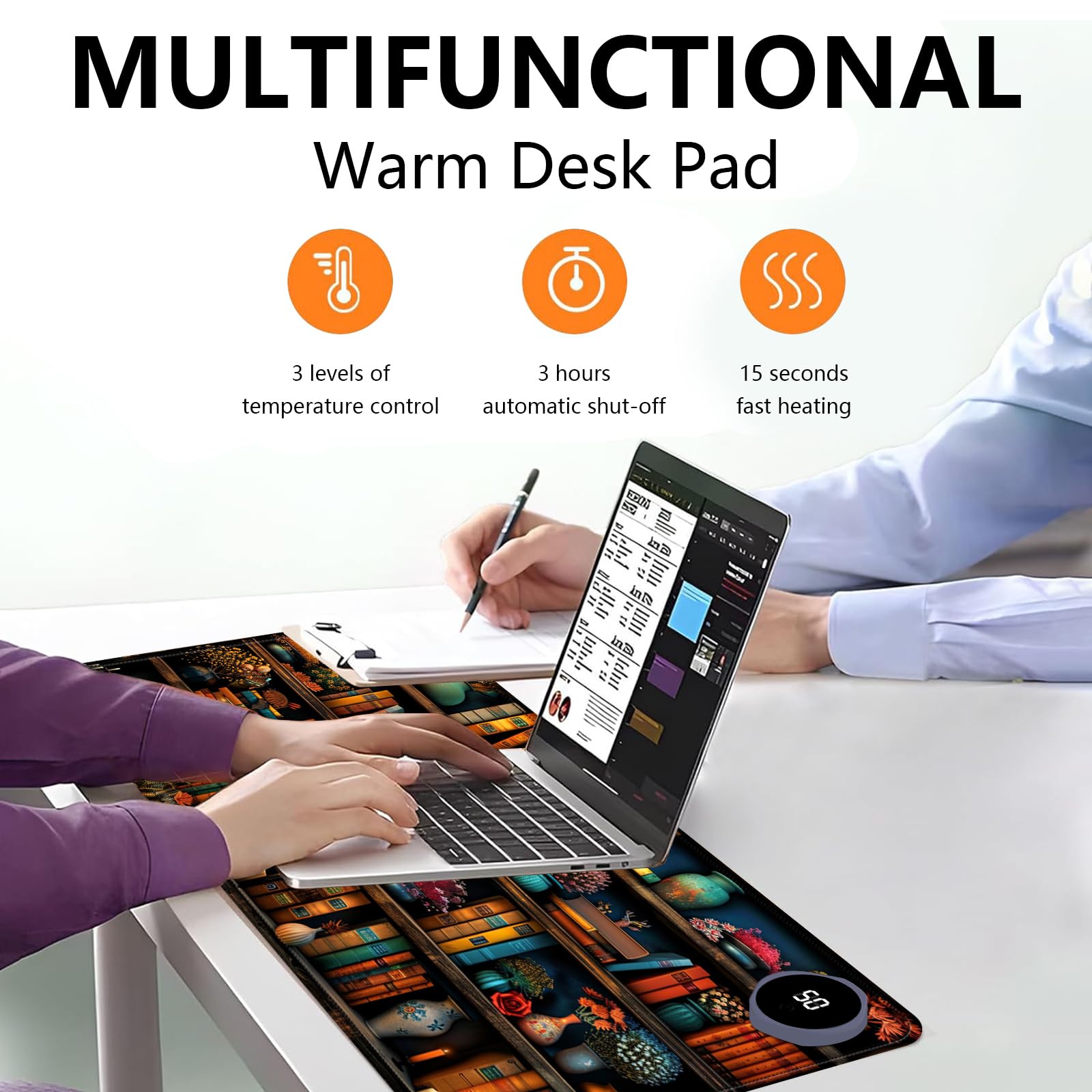 Tapis de souris chauffant avec 3 niveaux de chauffage et arrêt automatique de 3 heures, tapis de souris pour réchauffer les mains au bureau, à la maison, grand tapis de bureau sûr, chauffe-mains