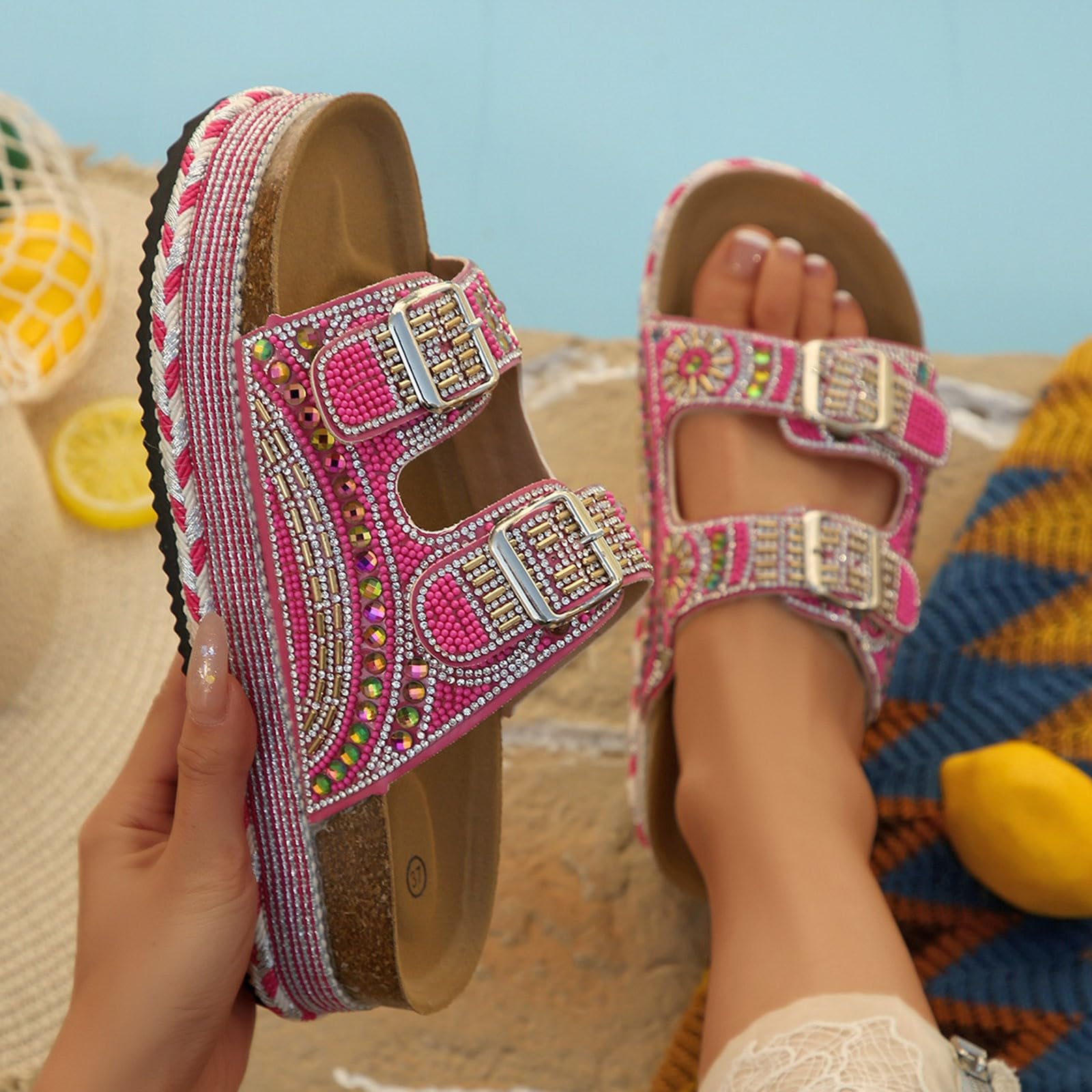 2027 Mules - Zuecos Brillantes para Mujer, Sandalias Coloridas con Plataforma de Diamantes de imitación, Zapatos de Playa cómodos