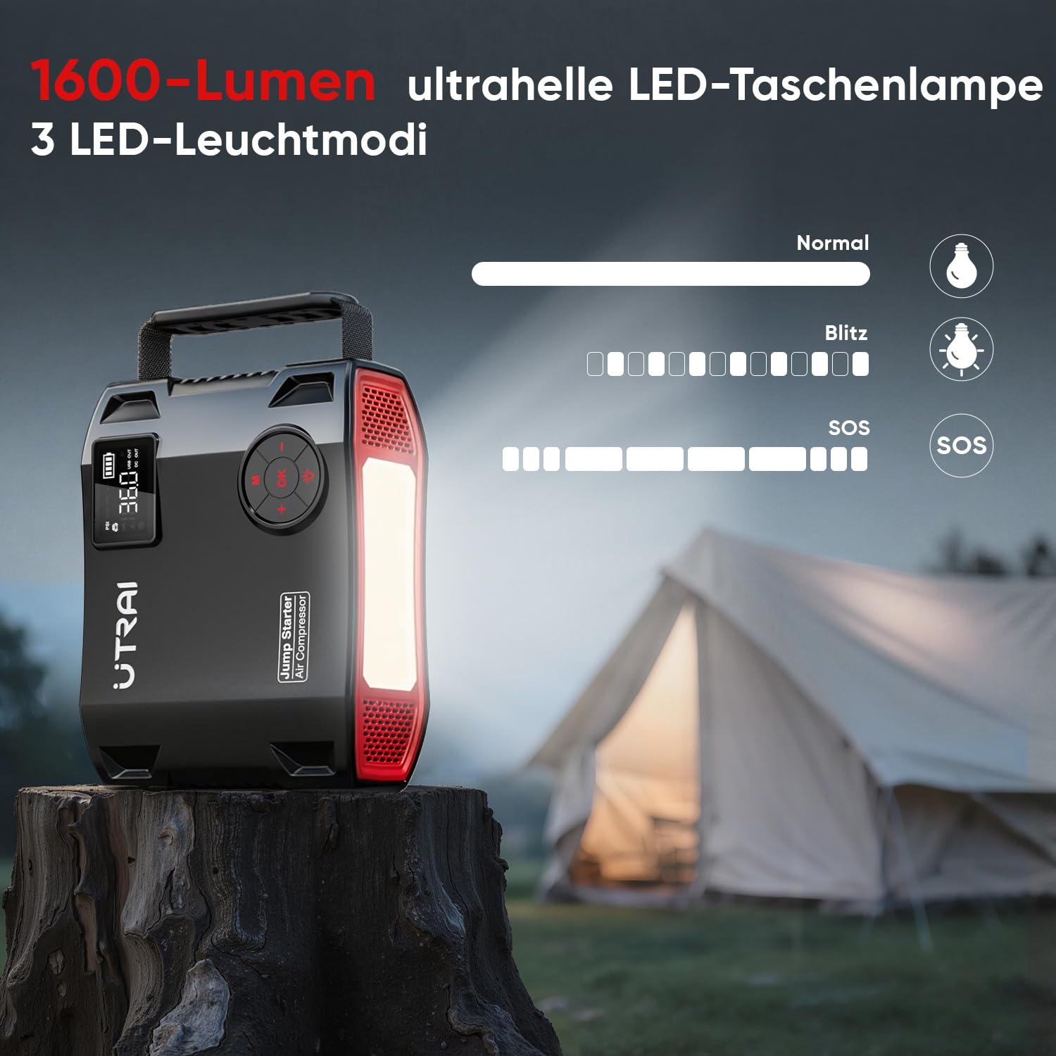 UTRAI 27000mAh Starthilfe Powerbank für Pkw, 7000A Booster Auto Starthilfe Powerbank mit Kompressor, 160W DC-Ausgang, 1600 Lumen LED Taschenlampe, Jump Starter für All Benzin, 12L Dieselmotor