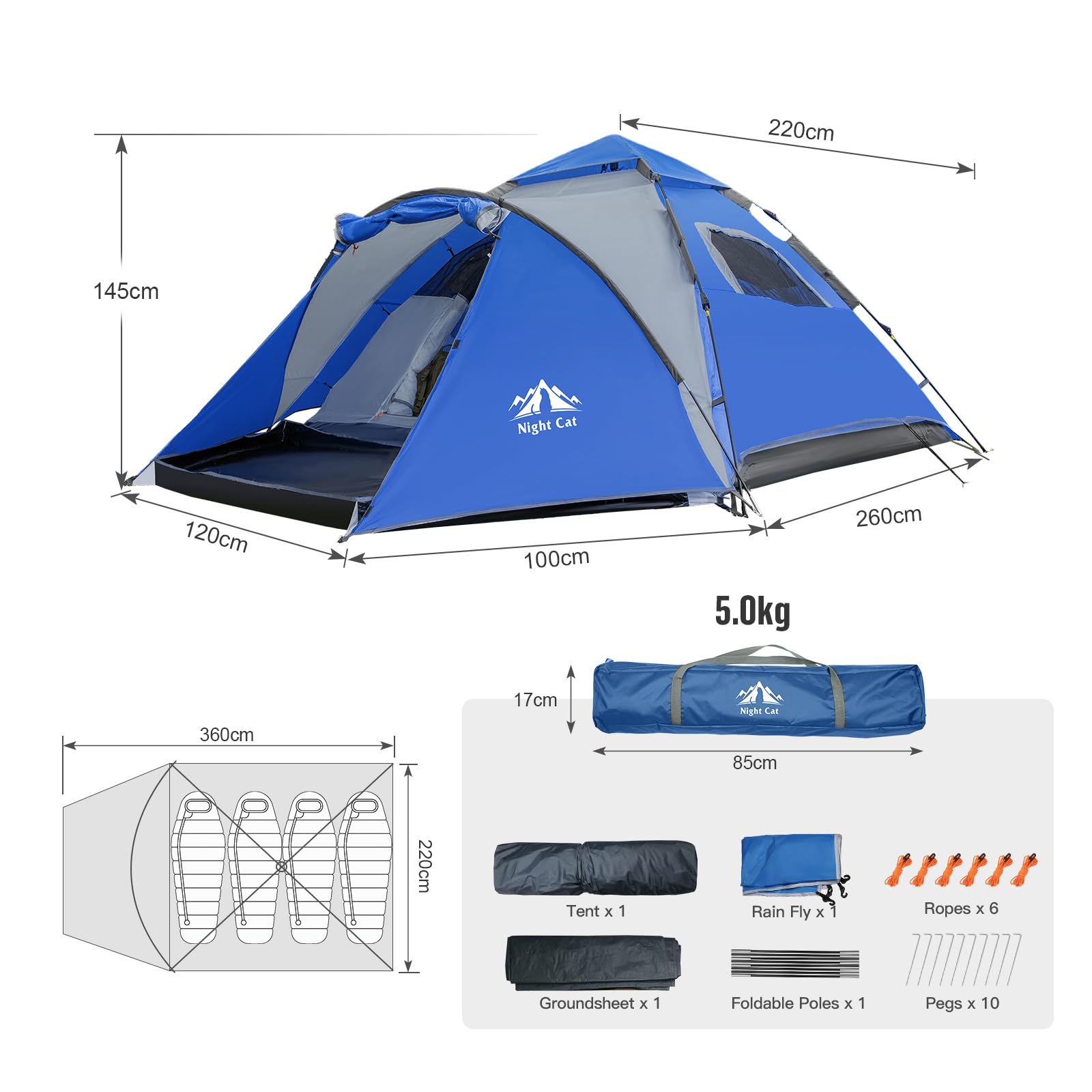Night Cat Pop Up Zelt 3 4 Personen: Wasserdicht Wurfzelt Atmungsaktiv Einfache Einstellung für Camping Wandern