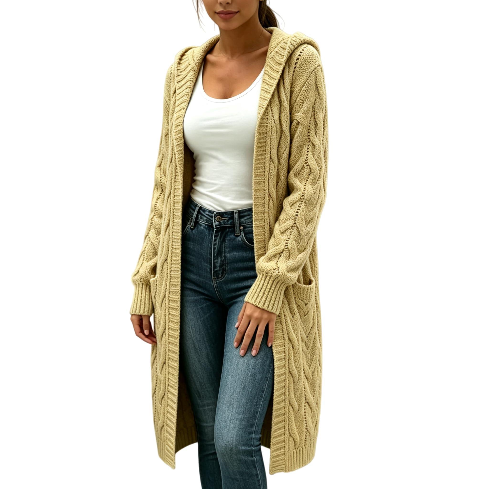 Gilet Long À Capuche pour Femme avec Poches en Grosse Maille Manches Longues Élégant Idéal pour L'Automne et l'hiver Veste Décontractée pour Tous Les Jours Jaune Taille 5XL