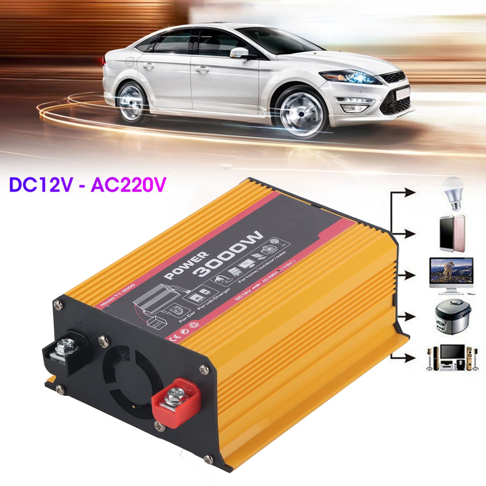 Inversor de Coche 3000W, Inversor de Coche 3000W Convertidor de Potencia Automático USB Dual Transformador de Onda Sinusoidal Modificada (DC12V AC110V) (DC12V-AC220V)