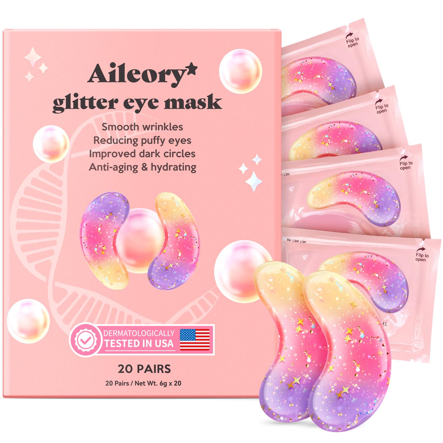 Under Eye Patches (20 Pairs)-New Tri-color Glitter Eye Gel Pads for Dark Circles Puffy Eyes,Under eye Bags,Wrinkles|Natural Collagen Under Eye Mask Patches for Women Teen
