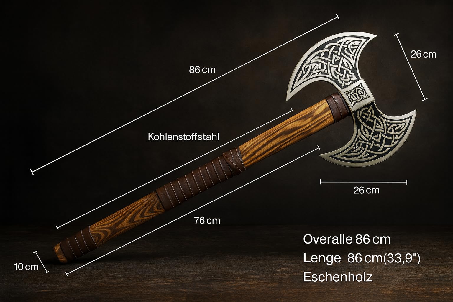 NovaHaven Doppelkopf Wikingeraxt – Handgeschmiedete Axt aus Kohlenstoffstahl mit Eschenholzgriff, Lederwicklung & Lederscheide – Ideal für Sammler, Outdoor & als Geschenk