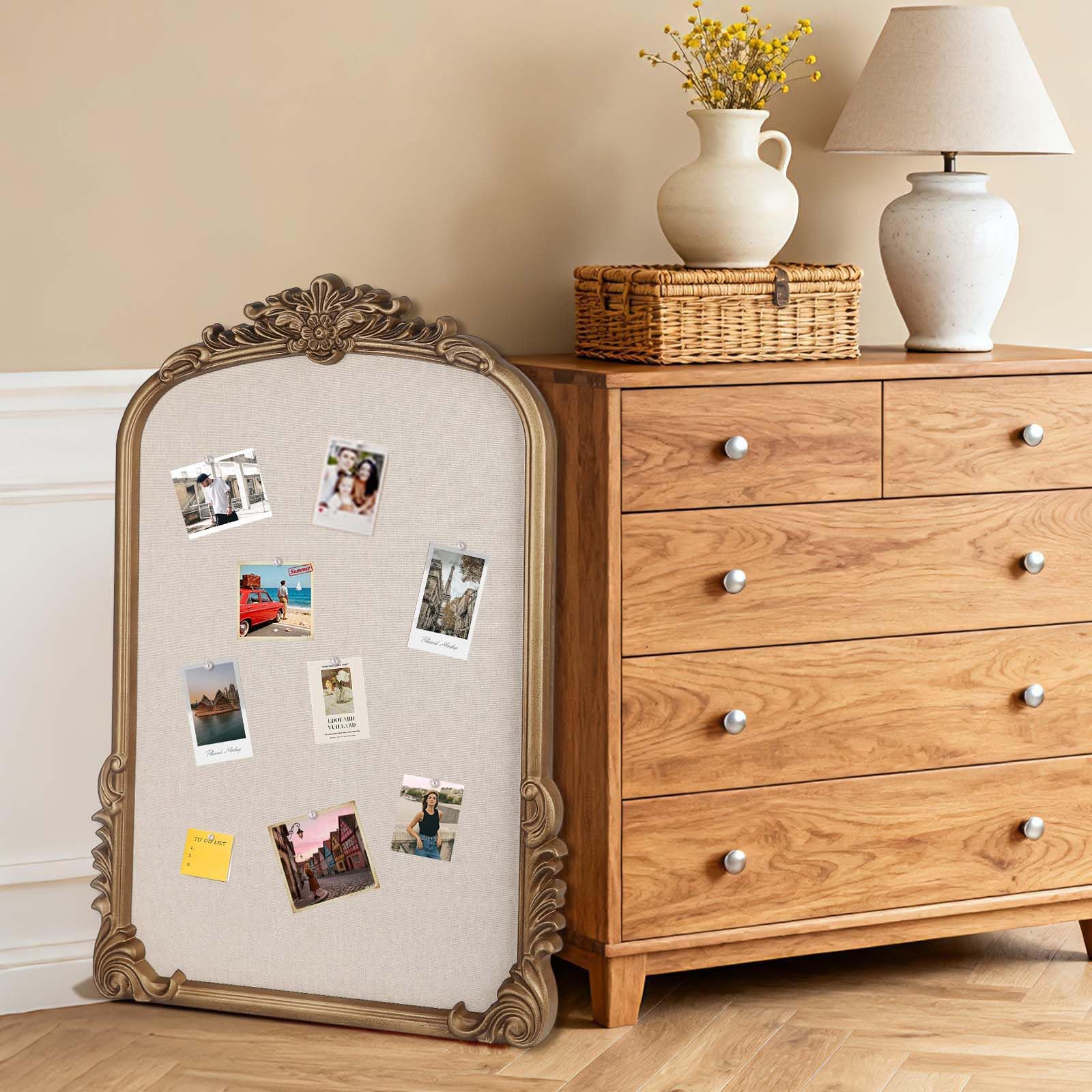 Pinnwand aus Stoff, 48,3 x 68,6 cm, Vintage-Pinnwand mit goldenem Rahmen, kunstvolle große Pinnwand für Wanddekoration, Heimbüro, Klassenzimmer, Studio, Schlafzimmer zum Präsentieren von Fotos
