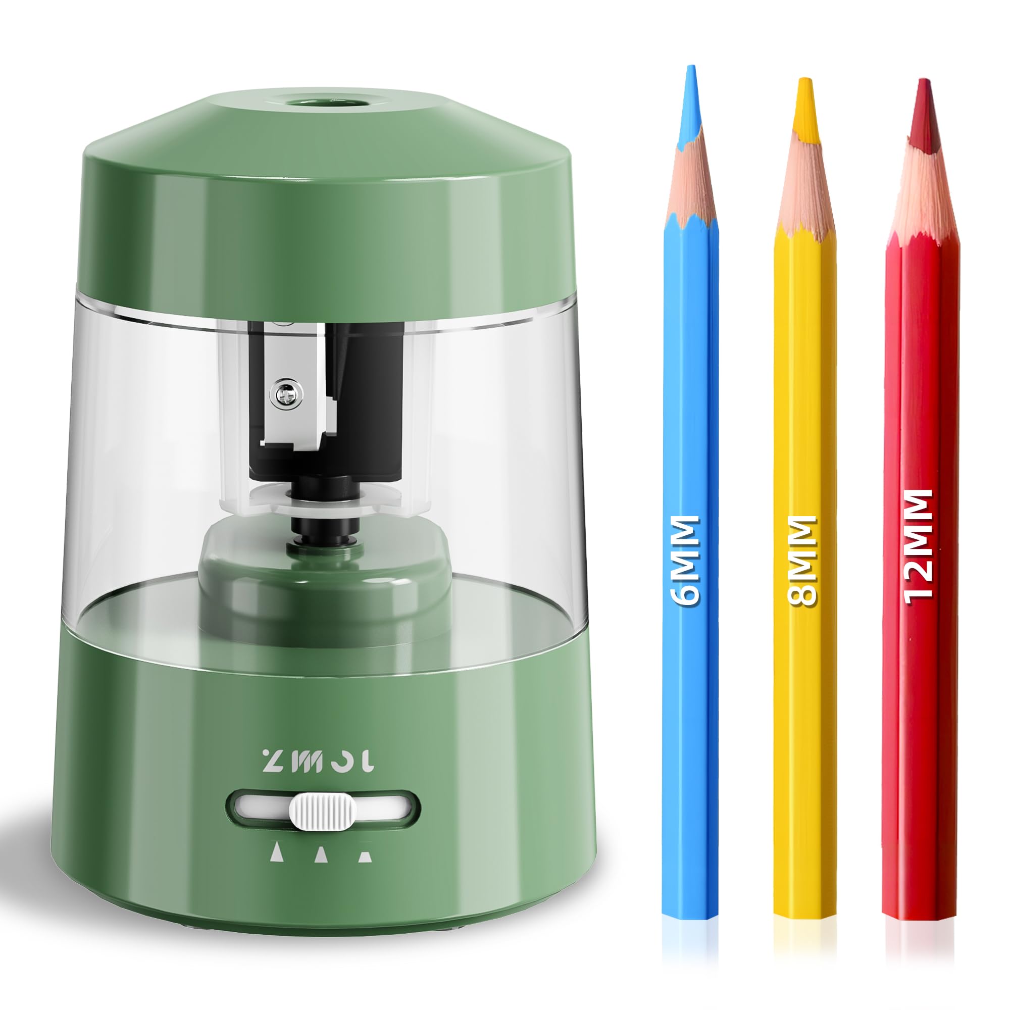ZMOL Electric Pencil Sharpener Battery Operated Power Kids for Colored & Jumbo Pencils No.2/(6-12mm) - Safe & Easy Use Plug in Portable (AC Adapter,USB, Battery) for Classroom/Office/Home Grey-Green