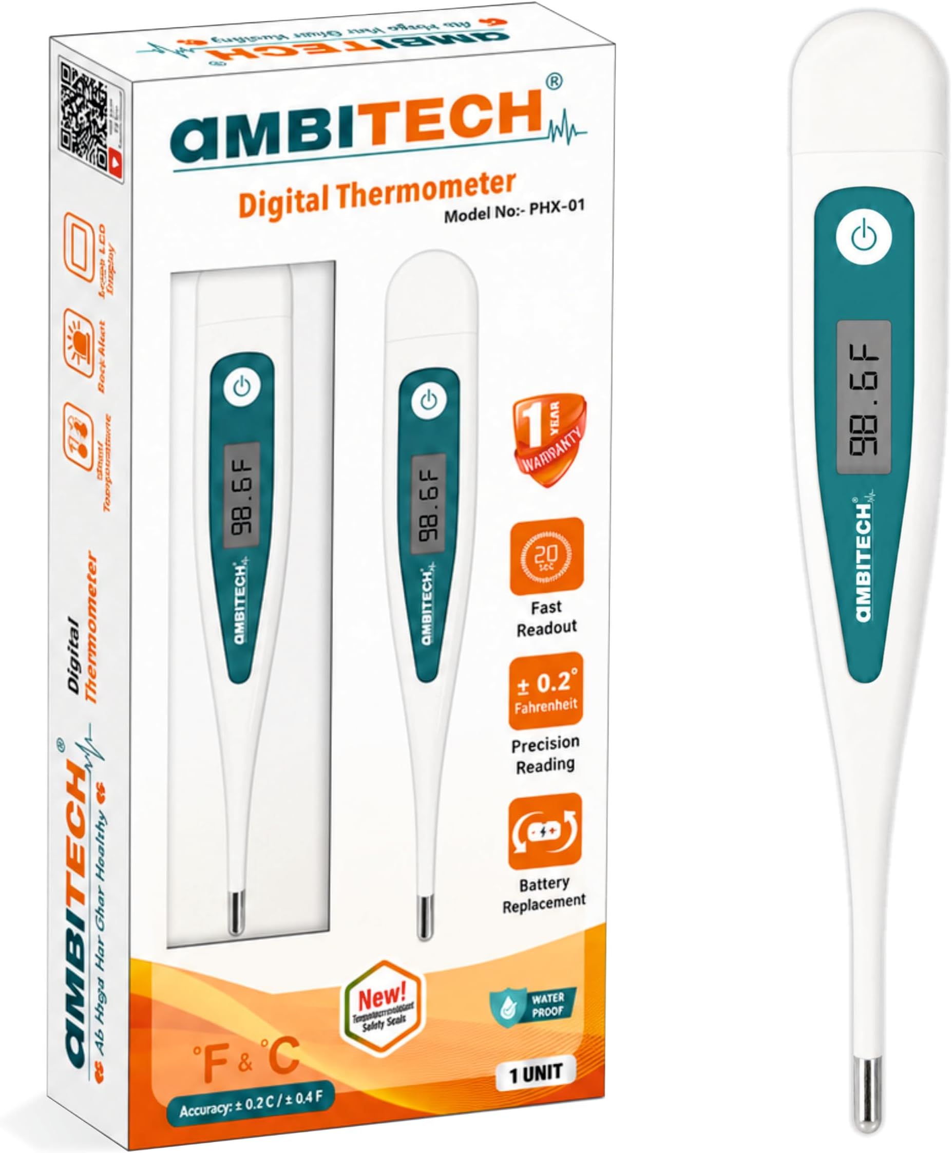 PHX-01 Digital Thermometer with One Touch Operation For Child and Adult Oral or Underarm Use |Made in India|1 Year Warranty