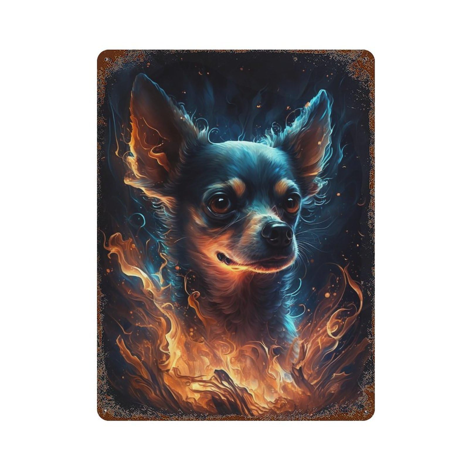 Vintage Metal Tin Sign Flaming Chihuahua Art Print 15.7"x11.8", Classic Wall Plaque for Pub, Kitchen And Man Cave Decor