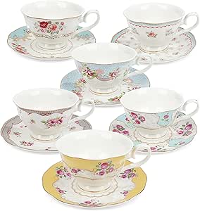 fanquare European Porcelain Coffee Set, Pink Women Tea Set, Bone China Tea Set, Vintage Flowers Coffee Tea Pot with Cups