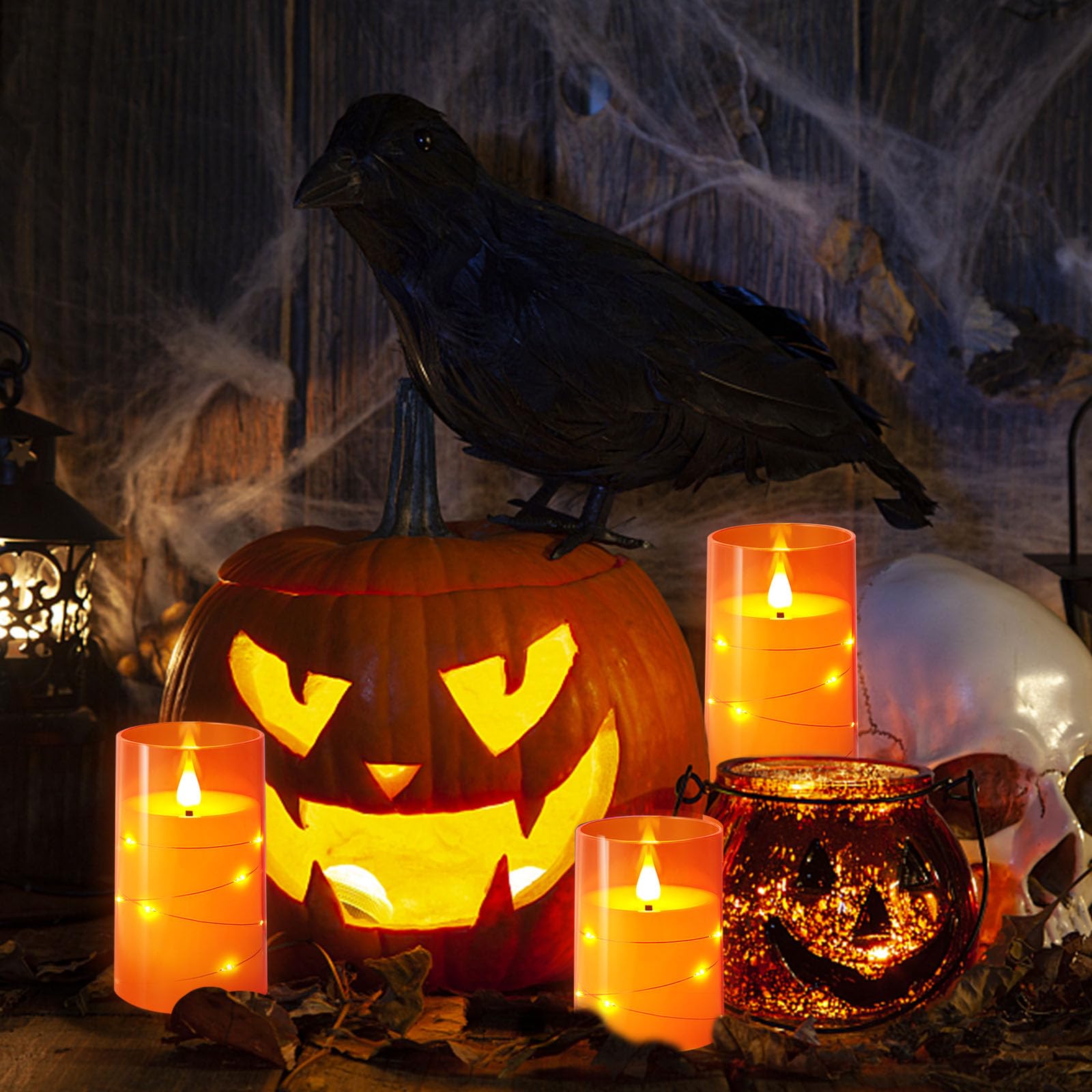 NURADA Flammenlose Kerzen mit Fernbedienung-Timer: Eingebaute Stern-Lichterkette, 3D-Docht, batteriebetrieben, flackernde LED-Kerzen für Halloween, Thanksgiving, Esstische, Herbst, Heimdekoration