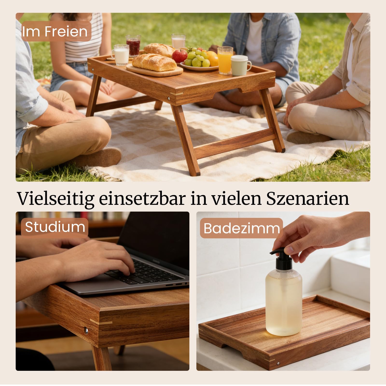 Fibogollo Betttisch aus Akazienholz mit klappbaren Beinen, Frühstückstabletts mit integrierten Griffen, Serviertablett für Speisen und Snacks, Laptop-Tabletts zum Arbeiten