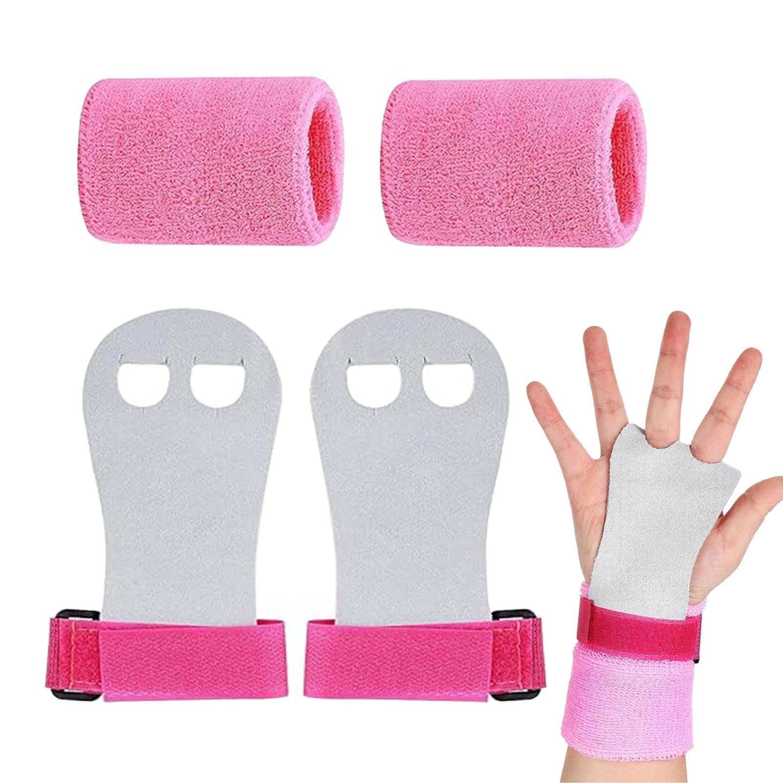 Brilovent 2 Pcs Sports Gymnastics Grips Wristbands, Gymnastics Hand Grips Wristbands Sets with Pink Sweatbands, Non-Slip Gymnastic Equipment for Girls Kids Youth