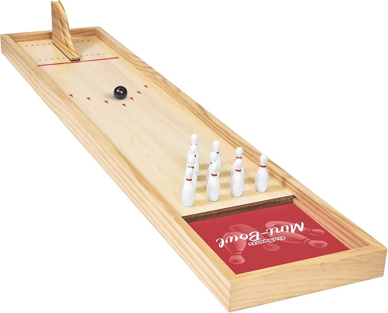GoSports Mini juego de bolos de mesa de madera para niños y adultos: incluye 1 tablero de bolos, 1 rampa de lanzamiento, 2 mini bolas de bolos, 10 bolos y tarjeta de puntuación de borrado en seco