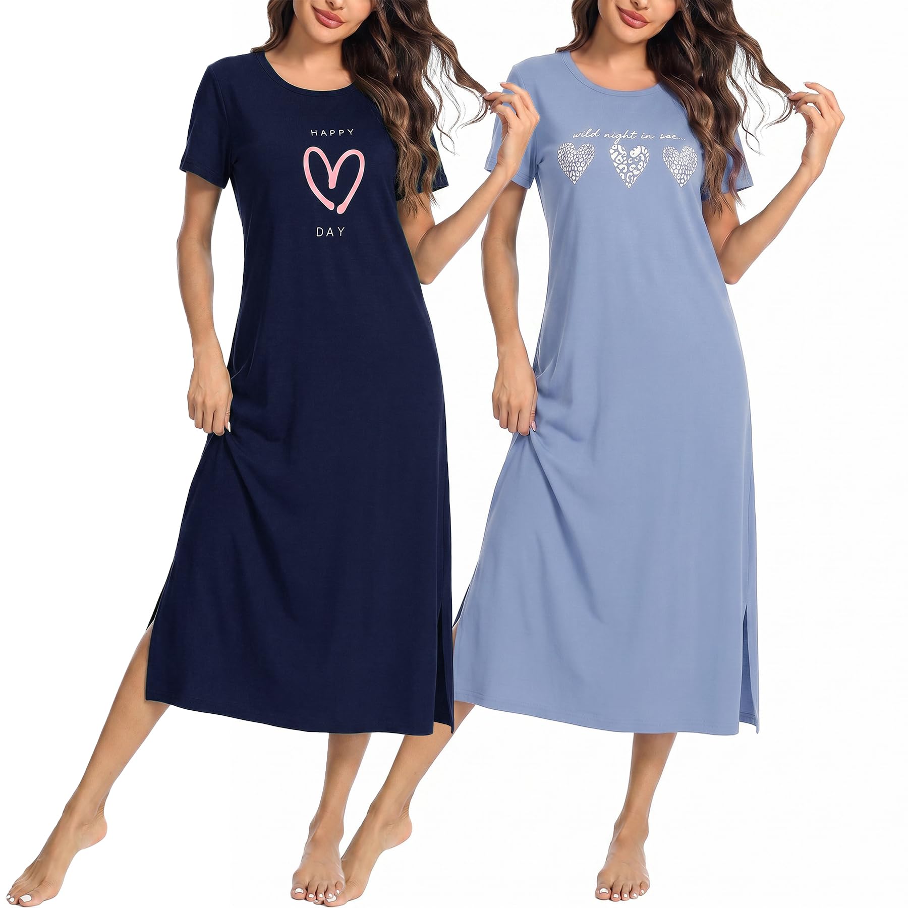Jahetuul Camicia da Notte Donna Lunga Manica Corta con Stampa Cuori | Camicie Notte Cotone Estiva Scollo Rotondo Maglia per Casa Casuale