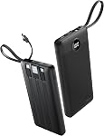 Banque d'électricité Slim 10000mAh, Chargeur portable intégré 4 Câbles Multi appareils Banque de recharge avec Lanyard, USB C Batterie Pack pour tous les téléphones cellulaires, Samsung, Android-Noir(1 Boîte)