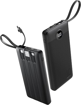 Portable Charger with Built-in Cables, Slim 10000mAh Power Bank with USB C, Travel Essentials External Battery Pack 5 Outputs 2 Inputs LED Display Compatible with iPhone/Android & More(Black)