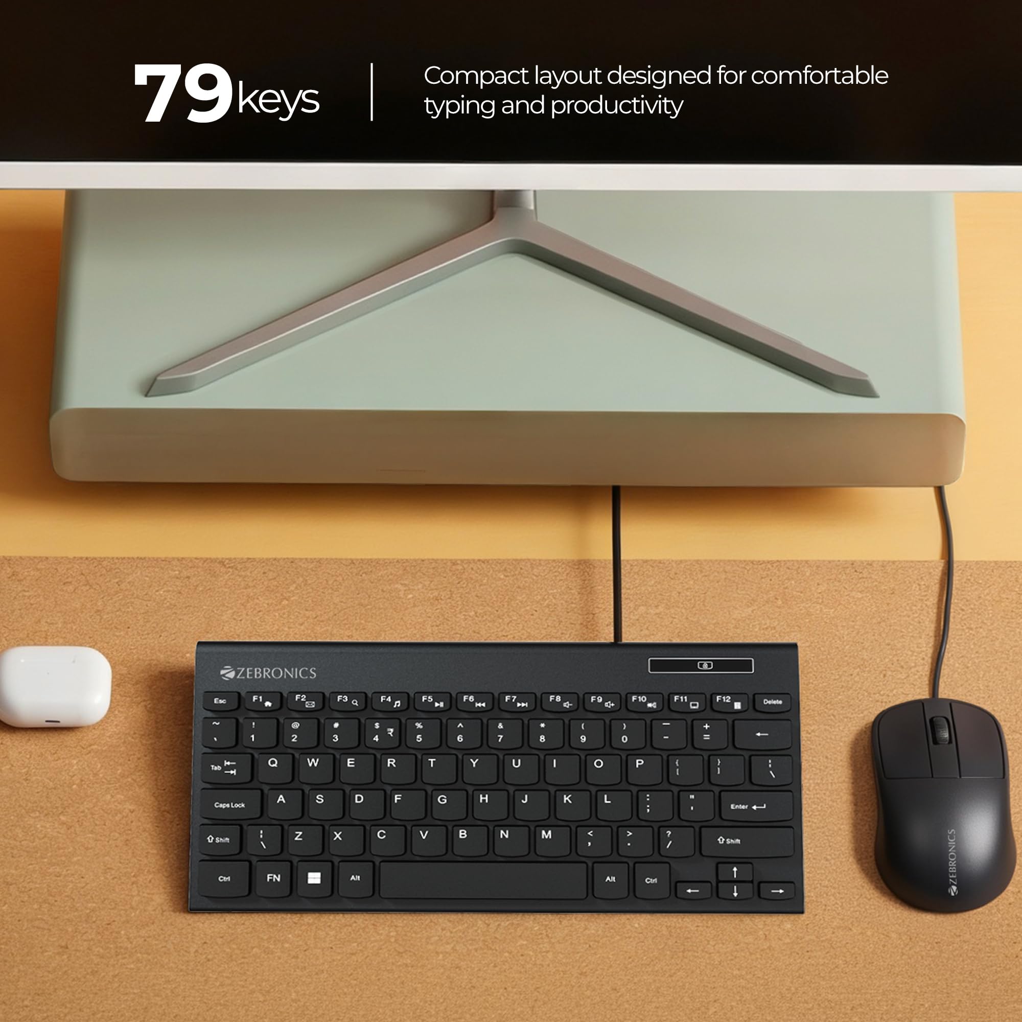 Zebronics K16 Wired Keyboard, 79-Key Layout with Integrated Multimedia Keys, 1.1m Cable Length, ₹ Rupee Key, UV Coated Keys, Spill-Proof Design, , Slim & Compact Design — Amazon image 2