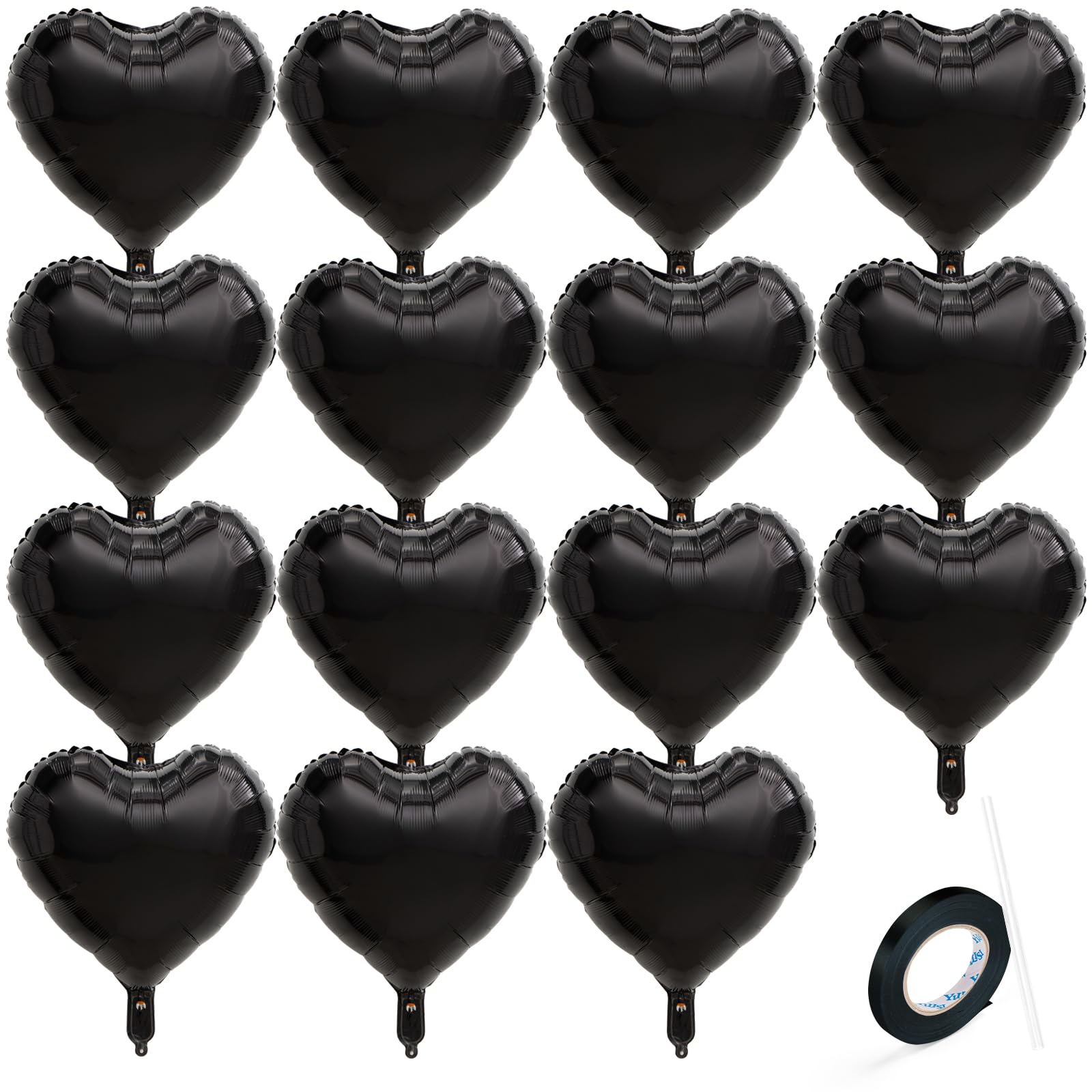 TIPKITS 15 PCS Black Heart Balloons, 18 Inch Heart Shaped Foil Balloons with Ribbon for Baby Shower, Birthday, Party, Valentine's Day Decorations