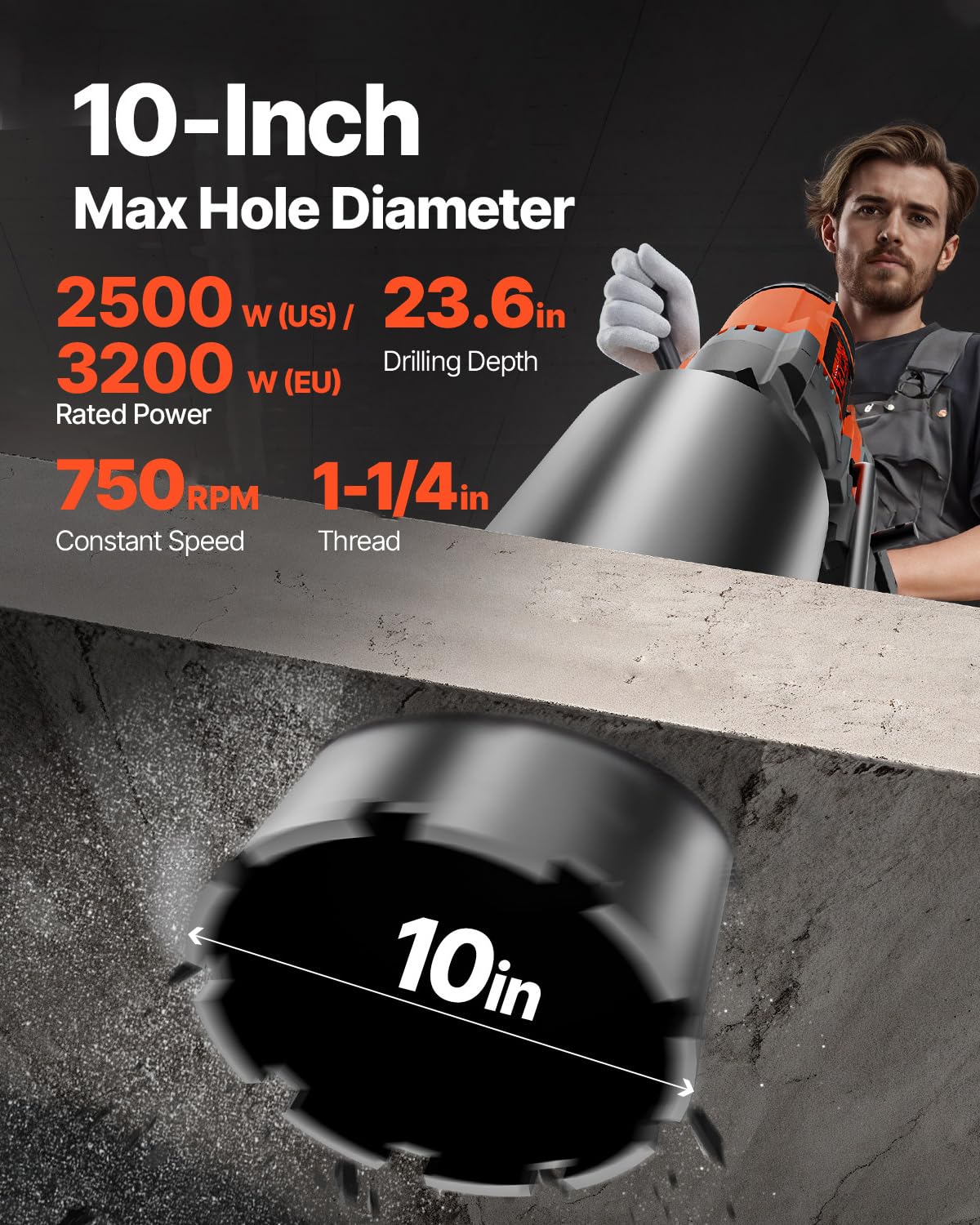 VEVOR Carotteuse à Diamant avec Support Diamètre Max. 26 cm Profondeur 60 cm 3200 W Perceuse au Diamant 750 tr/min Appareil de Forage Diamant Perçage Humide pour Percer Trous Béton Armé Construction