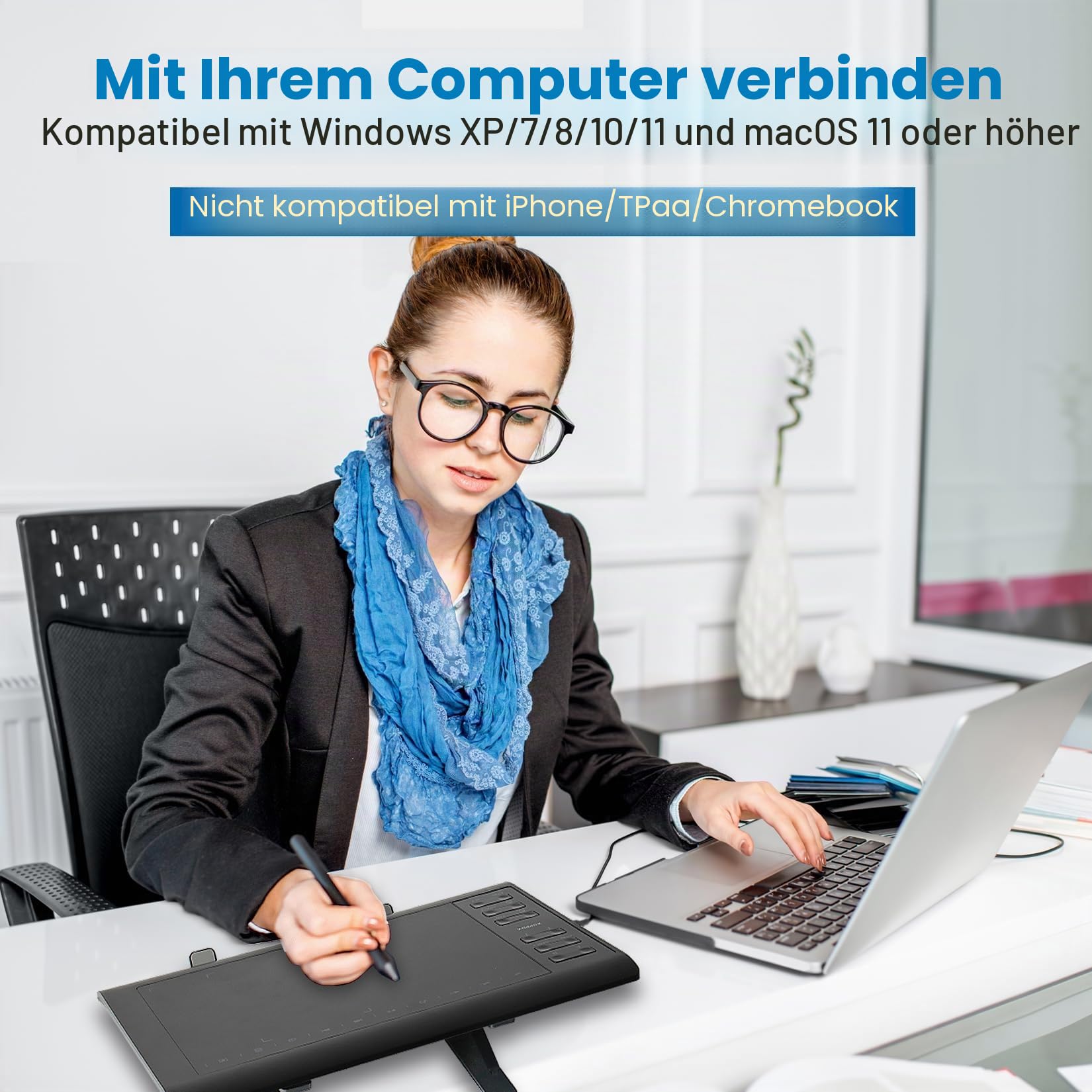 Grafik-Zeichentablett, 25,4 x 15,2 cm, großer aktiver Bereich mit Stift ohne Akku, 8192 Stiftdruckstufen und 12 Shortcut-Tasten, kompatibel mit PC/Mac/Android für die