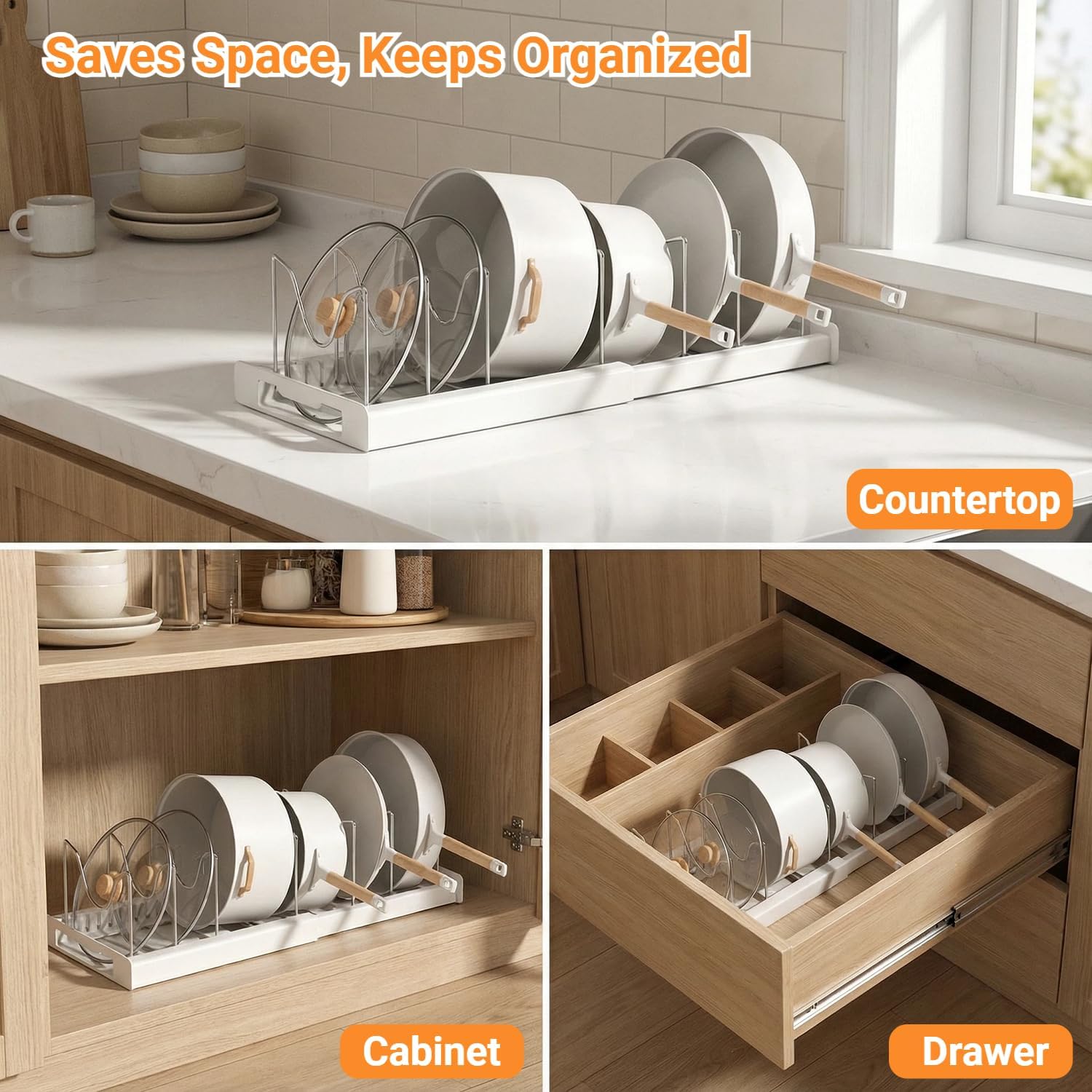 Expandable Pot and Pan Organizer Rack for Cabinet, Pot Lid Organizer Holder with 7 Stainless Steel Adjustable Dividers for Kitchen Cabinet Organizer and Storage (White) - Image 7