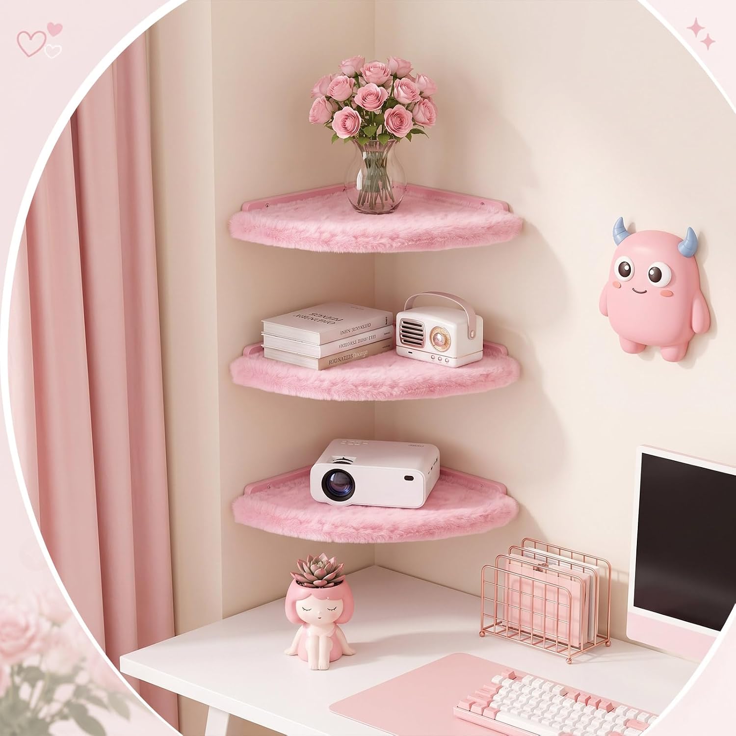 Gerrii 3 Pack Pink Floating Corner Shelves, Fuzzy Perfume Wall Mounted Rack