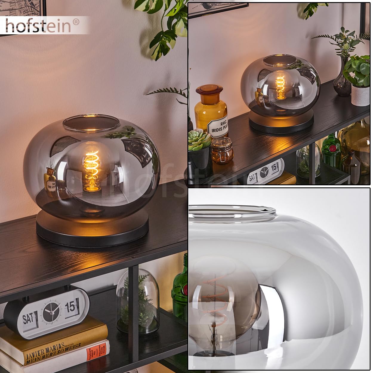 Tischleuchte Apedo, Tischlampe aus Metall/Glas in Schwarz/Rauchfarben, Leuchte im modernen Retro/Vintage-Design mit Schirm aus Glas (Ø 30 cm) u. An/-Auschalter am Kabel, 1 x E27, ohne Leuchtmittel