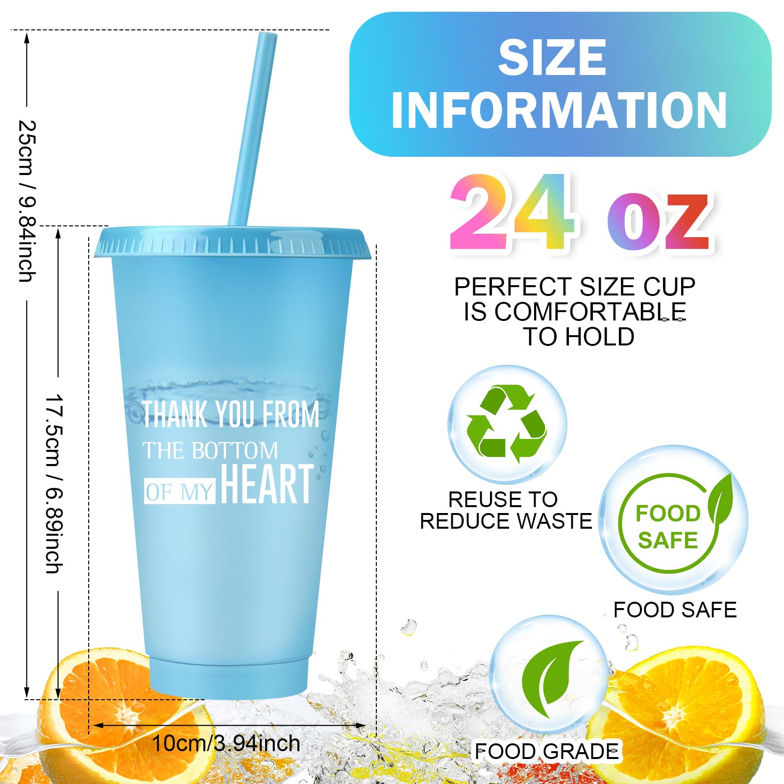 Nuenen Lot de 50 gobelets de reconnaissance des employés avec paille et couvercle - Bouteille d'eau en plastique pour café glacé - 710 ml - Gobelets de remerciement inspirants pour collègue de travail
