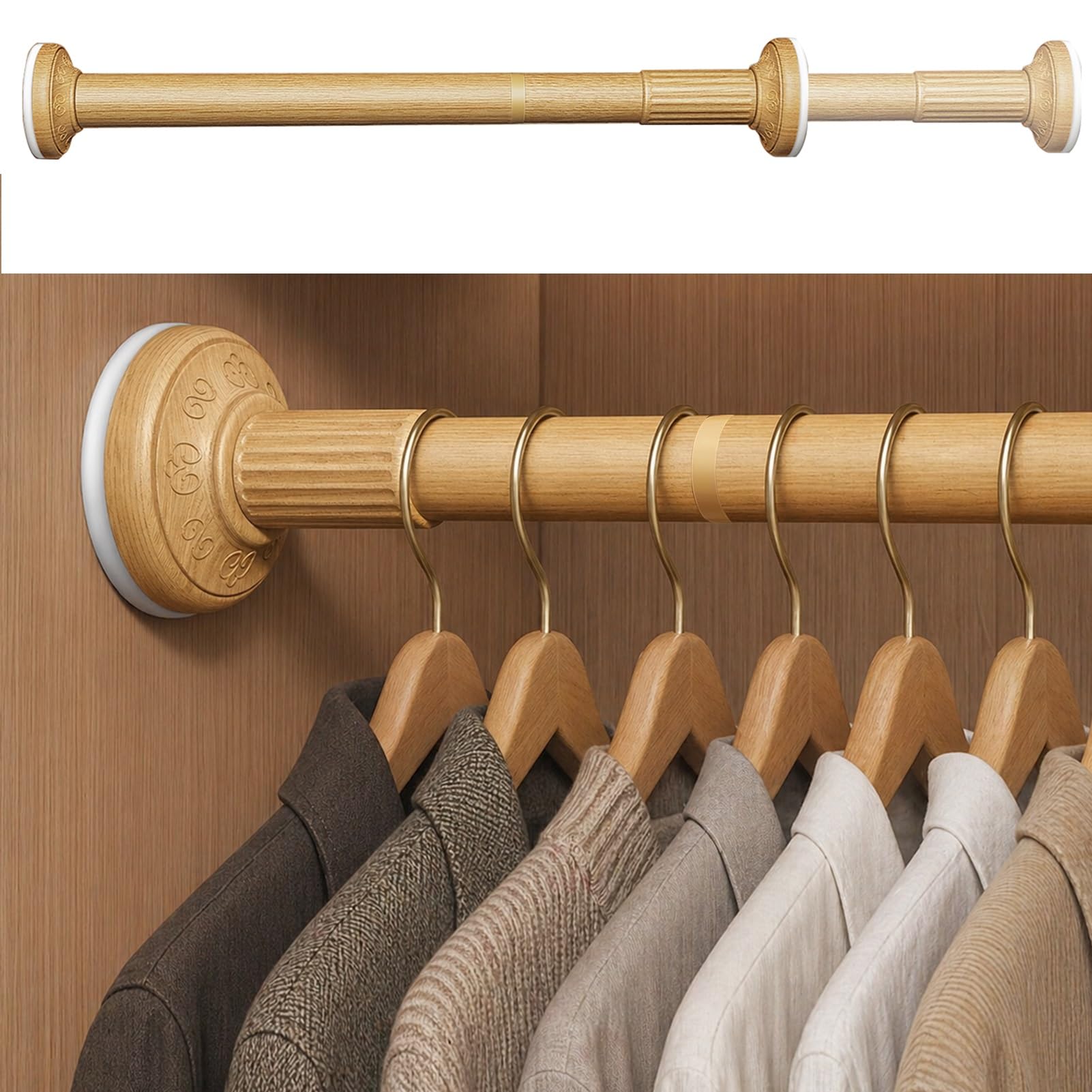 Bastone Appendiabiti per Armadio Asta Appendiabiti A Tensione Regolabile, Binario Estensibile Antiscivolo Guardaroba, Barra Appenditende Acciaio Inossidabile Effetto Legno(35-50cm (13.8-19.7in))