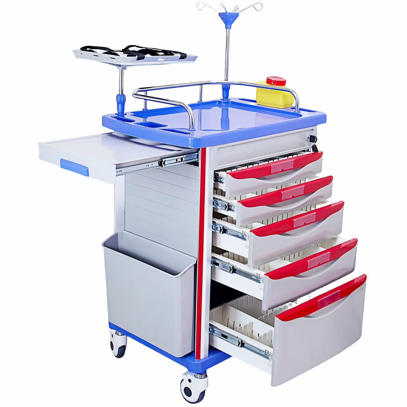 Crash Cart with Accessories - Mobile Emergency Treatment Trolley with IV Pole, Cardiac Board, O₂ Tank Holder, Trash Bin & Drawers for Clinic Nursing