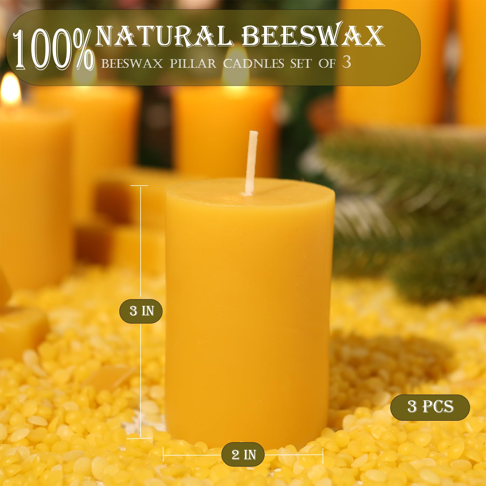 3 Pack Natural Beeswax Pillar Candles,Pure Beeswax Candle-90 Hours Long Burning for Emergency,100% Bees Wax Candle for Home,Dripless Smokeless Unscented Bees Wax Pillar Candles-2x3in
