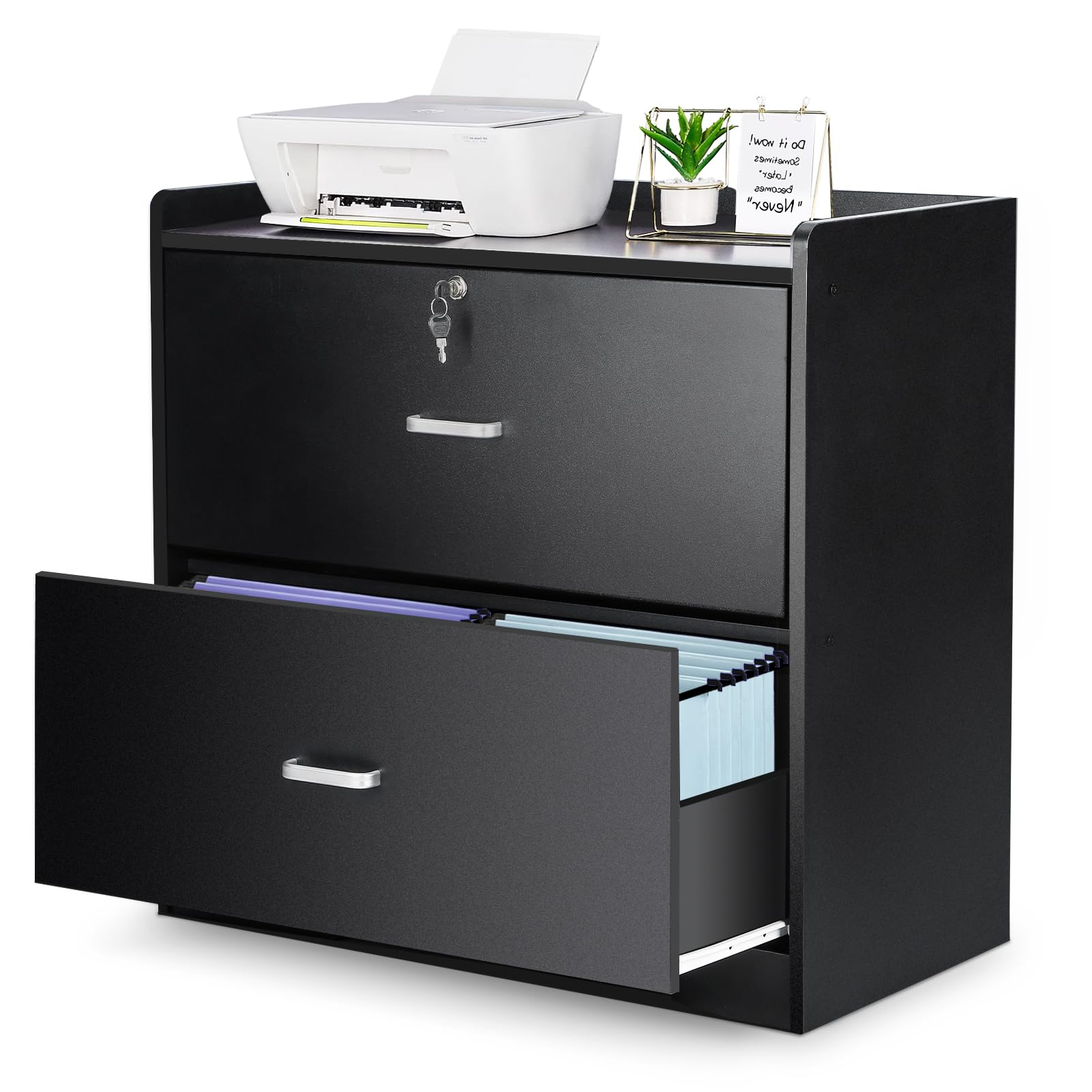 Wood Lateral File Cabinet with Lock, Storage Filing Cabinet with Full Extension Lockable Drawer Fits A4/Letter/Legal Size File Cabinets for Home Office Organizer, Black, 2 Drawers