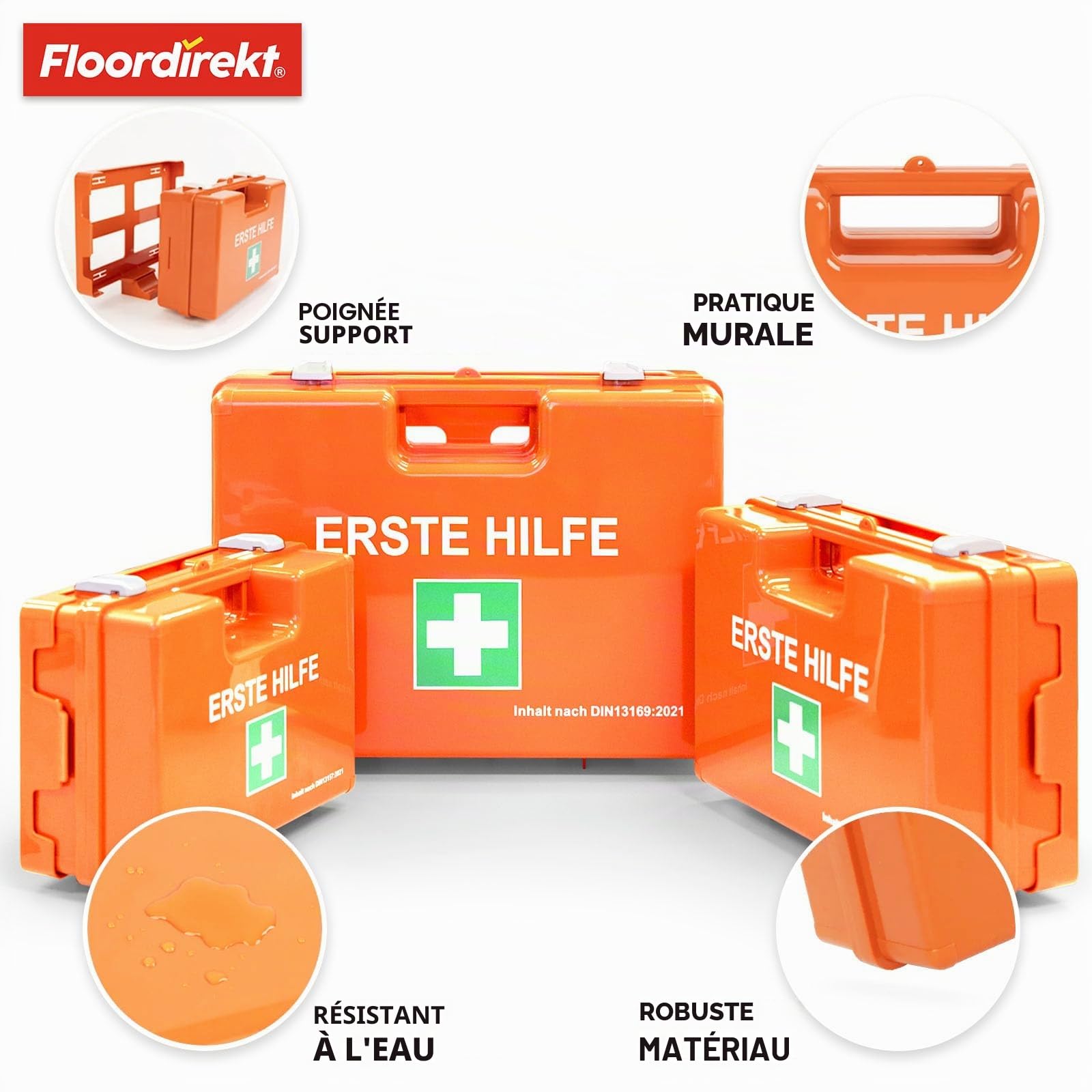 KARAT Boîte de premiers secours moyenne pour entreprises et maison DIN 13169:2021 remplie avec support mural | 1 kit de premiers secours pour bureau et gastronomie, boîte d'urgence jusqu'à 100