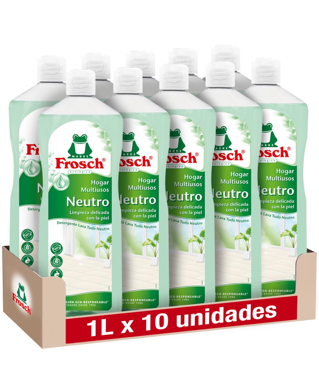Frosch - Ökologischer Allzweckreiniger für den Haushalt mit neutralem pH-Wert, reinigt alle Oberflächen und pflegt die Haut - glänzendes und langlebiges Ergebnis - Packung mit 10 Stück x 1 l