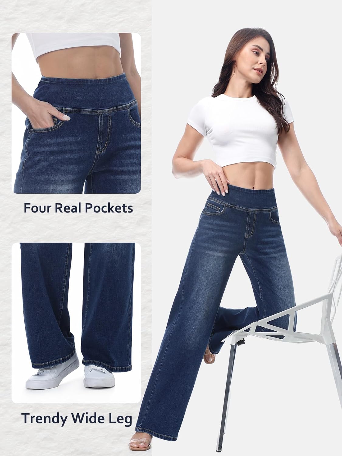 Pull on Wide Leg Jeans for Women, High Waisted Stretchy Baggy Trendy Tummy Control Straight Leg Jeans Denim Pants - Image 5
