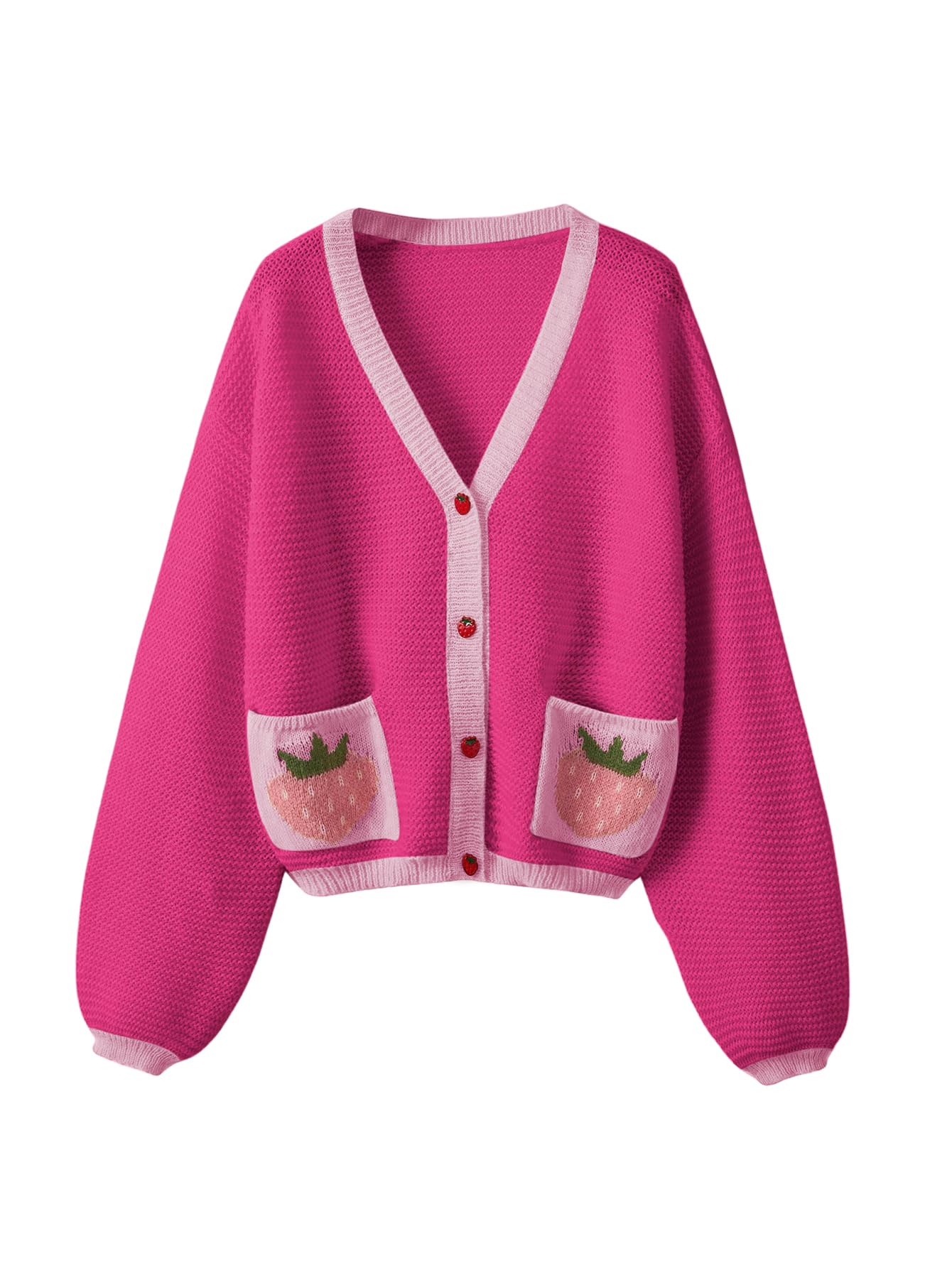 SHENHE Women's Kawaii Strawberry Pattern Cardigan Long Sleeve Open Front Casual Fall Sweater: X-Small Hot Pink