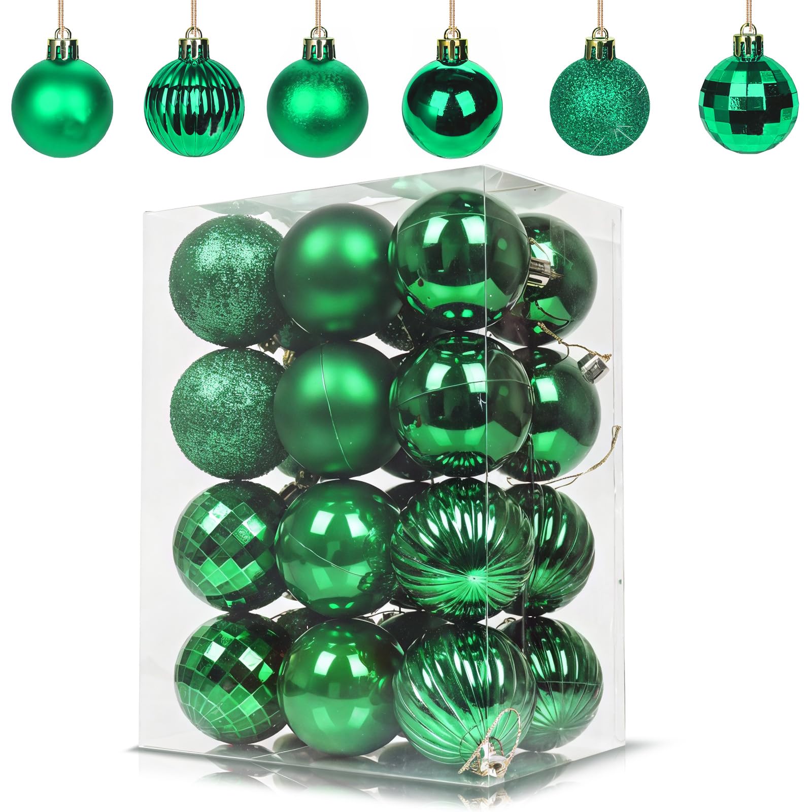 24Pcs Dark Green Baubles for Christmas Tree Decorations,60mm/2.36" Large Xmas Bauble Hanging Ball,Christma Balls Ornaments with Strings,Shatterproof Green Christmas Baubles for Xmas Tree Holiday Party
