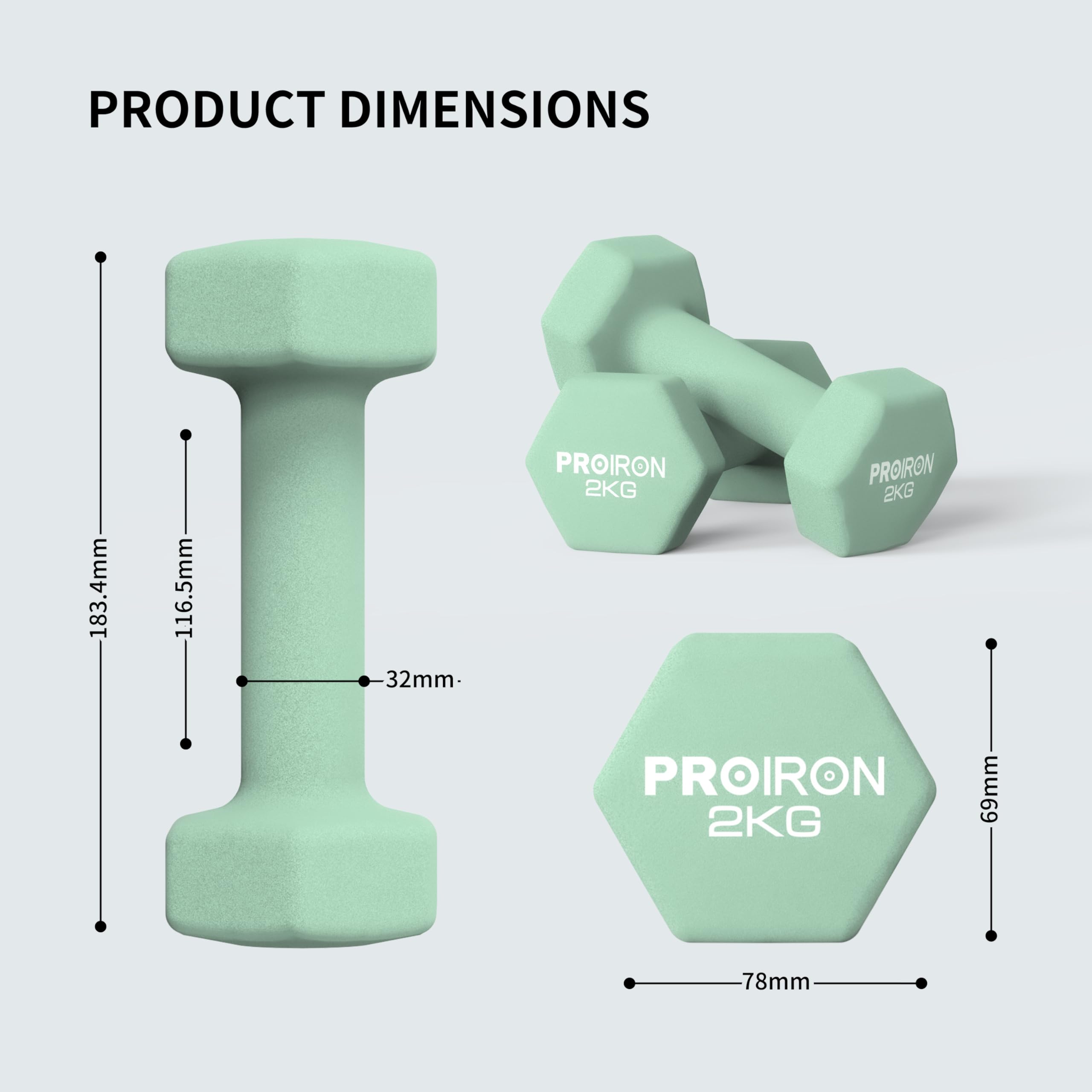 PROIRON Hex Neopren Hanteln, Frauen Hanteln set Anti-Rutsch kurzhanteln für Fitnessstudio Heimübung Arm Hand (1-10Kg, 2er-Set)