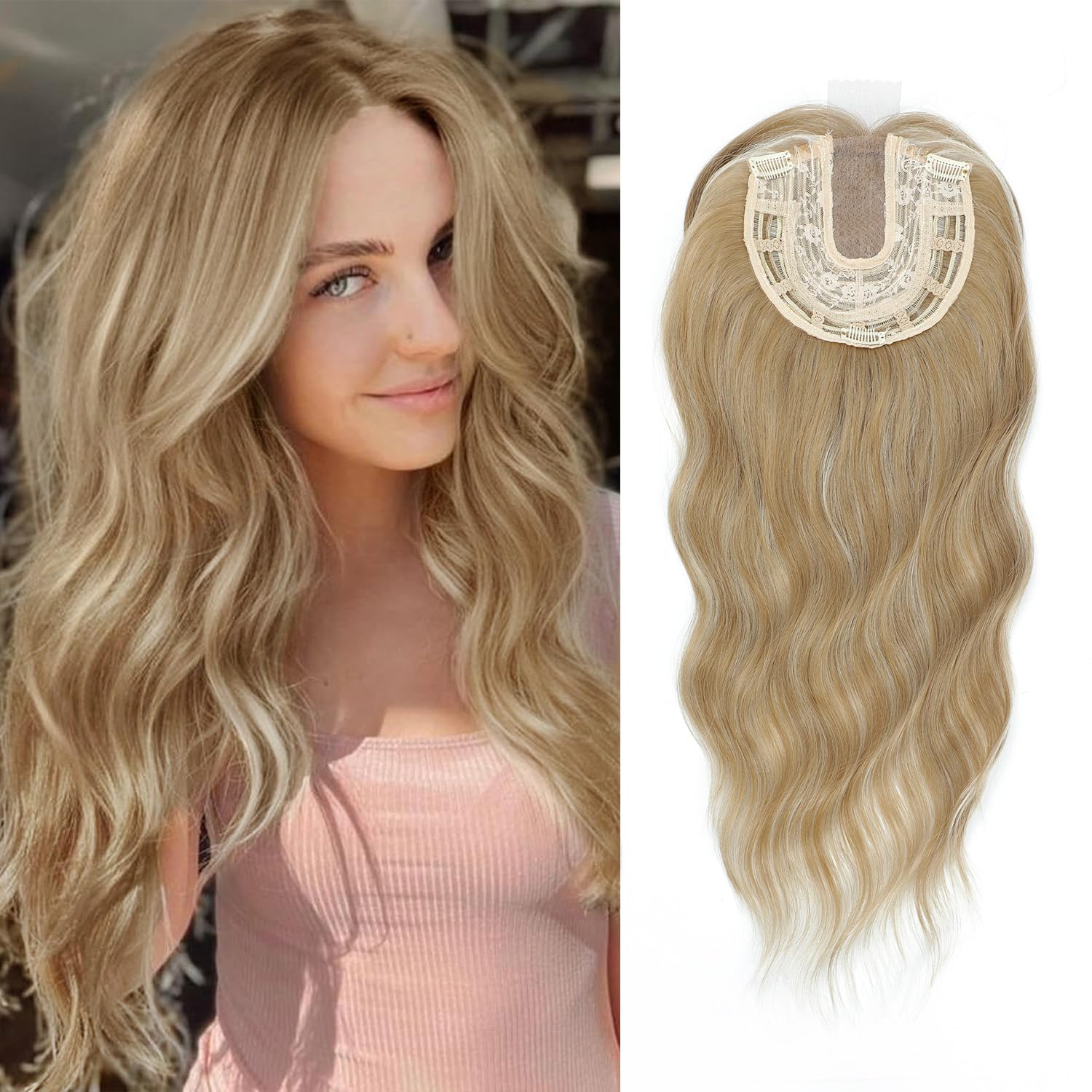UDU 20" Wavy Ombre Highlight Synthetic Hair Topper for Women with Thinning Hair with Fringe Bang Adds Volume Change Hairstyle