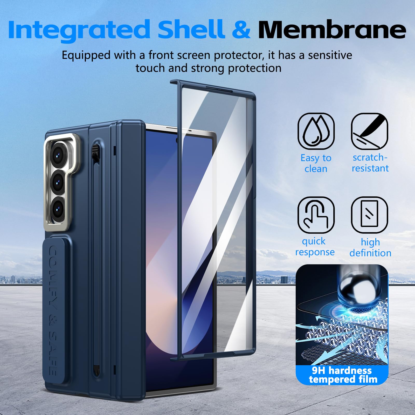 Etui do Galaxy Z Fold 6 z paskiem na palec, ochroną zawiasów, wbudowanym uchwytem na długopis i rysikiem, podpórka do Samsung Galaxy Z Fold6 z osłoną ekranu - ciemnoniebieskie
